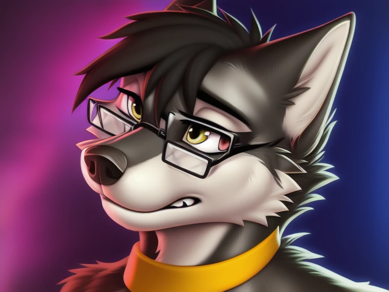 furry fandom illustration, red glasses, madure and cute shy boy african wild dog mixed with wolf, dark cream color fur, red muzzle, red glasses, timid smile, with one pivoted ear, inside a dark room, wearing a light green leash, ing a wolf peni