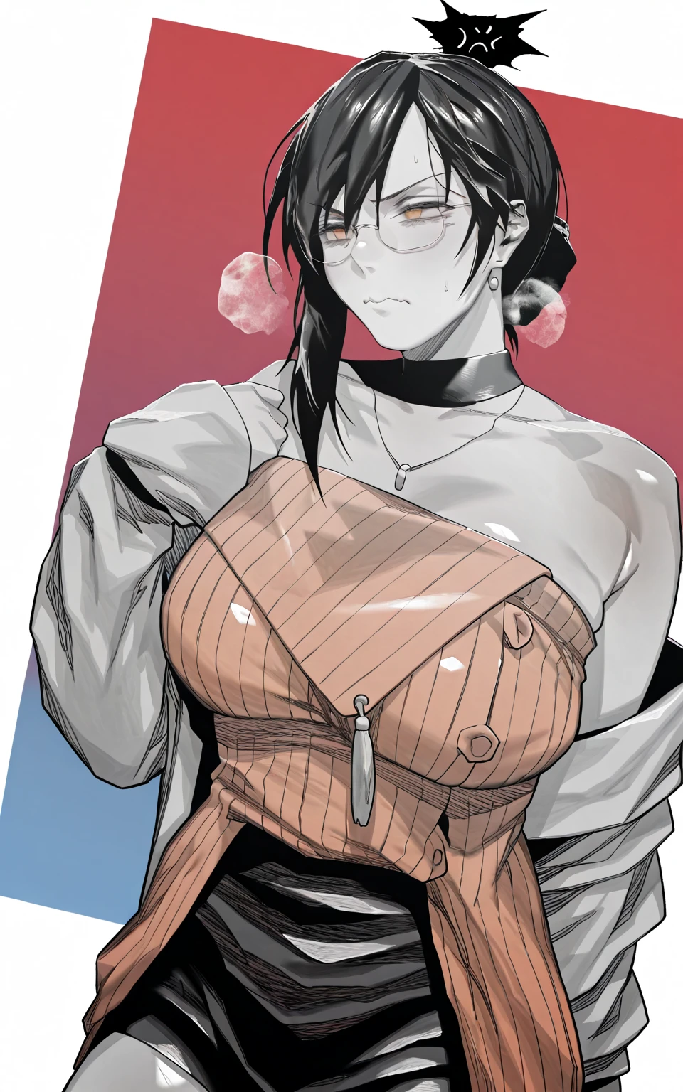 , (hxd-style:1.4), ((anatomical correct)), (lineart:1.2), ((monochrome, greyscale, manga-style, spot colors, brown eyes)), perfect body, perfect eyes, perfect fingers, gasping, heavy breathing, gasping profusely, ((skindentation)), ((curvy)), kikuchihara aki, black hair, short hair, hair bun, swept bangs, brown eyes, rimless eyewear, stud earrings, necklace, plump, 1girl, white jacket, sweater dress, off shoulder, black shorts, cowboy shot, armpits, armpits crease, beautiful armpits, ((@_@)), wavy mouth, ((annoyed face))