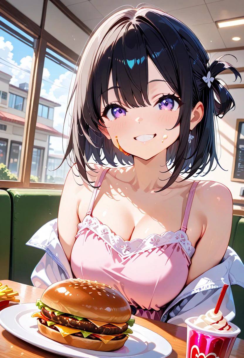 Realistic, masterpiece, highest quality, (Fine Eyes), 1 high school girl, Huge breasts, Sweat, night, Outdoor, Vibrant restaurant, Micro bikini in, String-only micro bikini, Grin, Wet Face, Wet body, ponytail, Earrings, White apron, Puff short sleeves, Small tray, Central opening, 、Camel Toe、Giant tit、Nipple Puffs、Cleavage、Plump、Super big breasts、Super big butt