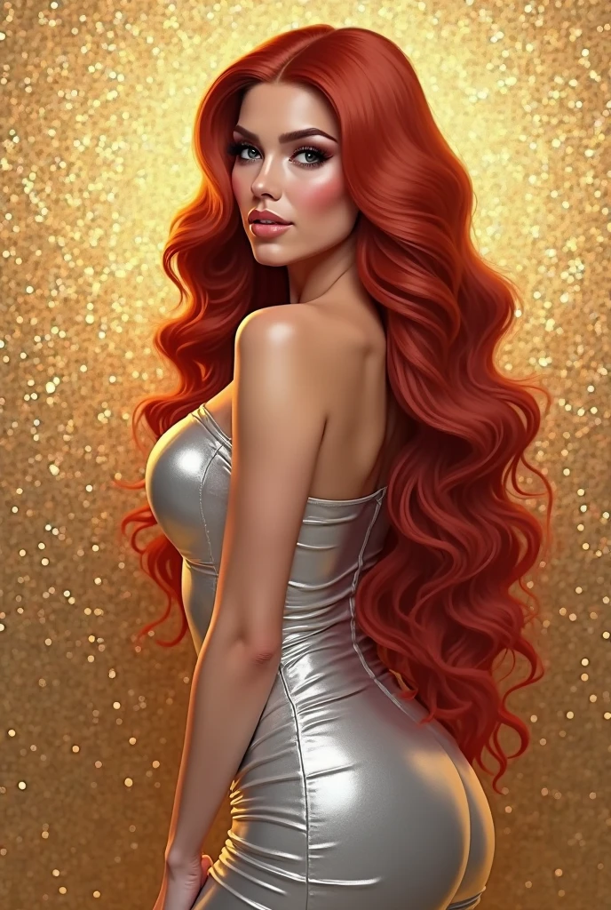 Black-skinned horse-eared woman with long curly copper-red hair and amber eyes wearing a chic long red dress posing for full-length photos 