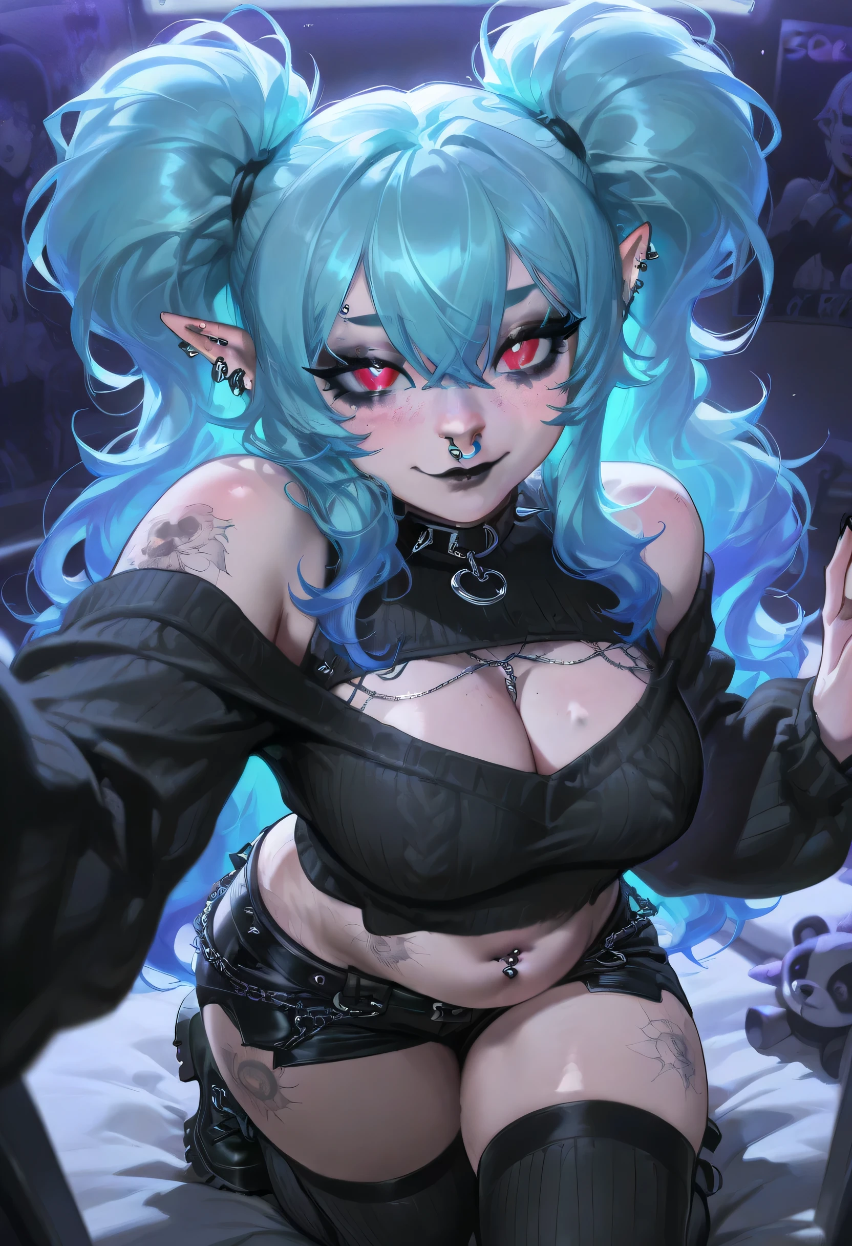 NSFW, half-naked, sexy, hot,1girl, solo, pointed ears, breasts, long hair, colored skin, looking at the viewer, piercings, blue eyes, navel, swimsuit, jewelry, purple hair, gloves, multicolored hair, fingerless gloves, extra long hair, shorts, purple skin, (((((press)))),((beautiful abs))),long pointed ears, blue hair, bikinis, earrings, medium breasts, cowboy shot, horns, gradient hair, pink leather, black shorts, horns, thigh strap, short shorts,(((revealing clothes))),(big breasts))),(wet bra))))), ((fully transparent wet colorless bra)))),(100% transparent wet underwear))),(view of the chest through the bra))),( transparent from the water clothes)))),( bare breasts),((view of the body through clothes)))),(bra too small))),((nipple contour)))), (protruding nipple))),(( water-clear clothes))),under the tits, under the breasts, ((without panties)), ((((very small bra))), ((chest crushed))),((without panties)),4k, ultra HD, hyperrealism