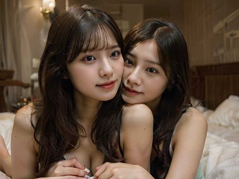 (Floral, Tight swimsuit, Satin, Look forward, Show beautiful thighs:1.5),

((I want to kiss you？, I want to cheat with you？:1.2)),
((Will you come near me and give me a kiss?？, Can you have sex with me?？, Can you touch my breasts?？:1.4)),

((Sexy atmosphere, hold out your lips, Disheveled Hair, A sigh escapes)),

((Luxury Love Hotel, Two women in bed together making love, Complete darkness, lamp, Underwear strings come undone, Start taking off your clothes:1.4)),

((32 years old, Two sexy and beautiful female announcers:1.5)),
((Earrings that match your outfit, Silver Necklace:1.2)), 

((Tilt your face slightly)),
((Squint your eyes)), 
((purse your lips:1.2)),
((Blushing:1.2)),
((Small breasts,Flat Chest:1.2)),

Narrow shoulders, the lines of the body are thin, Thin waist, Long, slender legs, 
Ultra-detailed skin, Glossy Skin, White skin, Ultra detailed face, Ultra detailed breasts, 
Ultra-detailed eyes, Slit eyes, Brown eyes, double eyelid, Beautiful thin eyebrows, Thin, long eyelashes, 
Ultra-detailed lips, Fuller lips, Glossy pink lips, Flushed Cheeks, White teeth, 
Beautiful actress&#39;s languid make-up, Pink lipstick, Smoky eyeshadow, Eye foundation, 
Dark Brown Hair, Delicate and soft hair, Hair blowing in the wind, 
(Elegantly putting your hair up, short hair, ponytail:1.2), 
