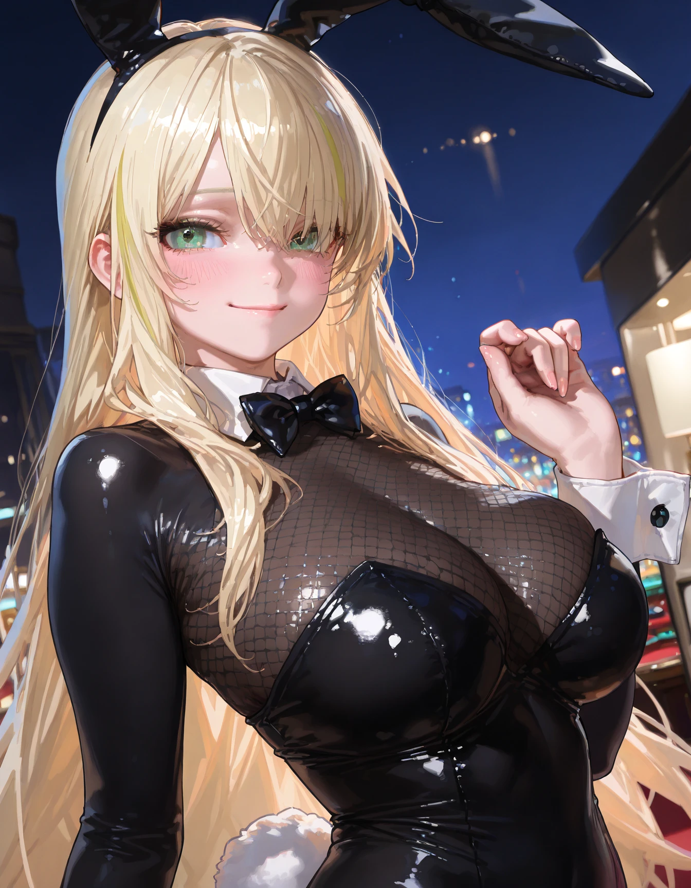 (masterpiece: 1.3、Highest quality、超High resolution、Very detailed)、(Real、Photorealistic: 1.4)、Beautiful illustrations、Perfect lighting、Natural light、Depth of the Boundary、Beautifully detailed hair、Beautifully detailed face、Beautiful details、Beautiful body、Firm breasts、Beautiful thighs、Beautiful legs、Beautiful Hands、Show to the viewer、One girl、Very cute girl、(Perfect Anatomy、Anatomically correct)、Cute and symmetrical face、Baby Face、Perfect Face、Perfect Eyes、Shiny skin、((blonde髪))、Long eyelashes、(Very large and powerful breasts)、juicy thighs、Attractive thighs)、(Beautiful cityscape)、((Outdoor、Blurred american cityscape))、(かわいいsmile)、Cowboy Shots(RAW Photos: 1.2), Highest quality, Beautiful detailed girl, Bunny girl, smile, blonde, Twin tails, Very detailedな目と顔, Beautiful attention to detail, Large file size, High resolution, High resolution, 8k wallpaper, The finer details, highly detailed ticker uniform 8k wallpaper, Light on the face, Cinema Lighting,(18-year-old girl), Sexy pose, (Photorealism: 1.4),((Patent leather high leg leotard、Collar with bow tie、cuffs)), Surrealism, From below, Super detailed, Tabletop,((Bunny girl)),(Wearing pantyhose)