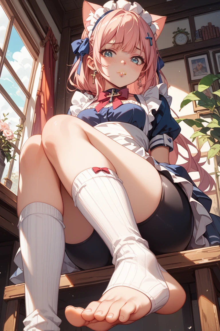 full body, barefoot, masterpiece, a beautiful schoolgirl, (fantasy library background), erotic photoshoot, a desk, from behind, schoolgirl uniform, shackles on legs, happy face, looking to the viewer, big open eyes, blush