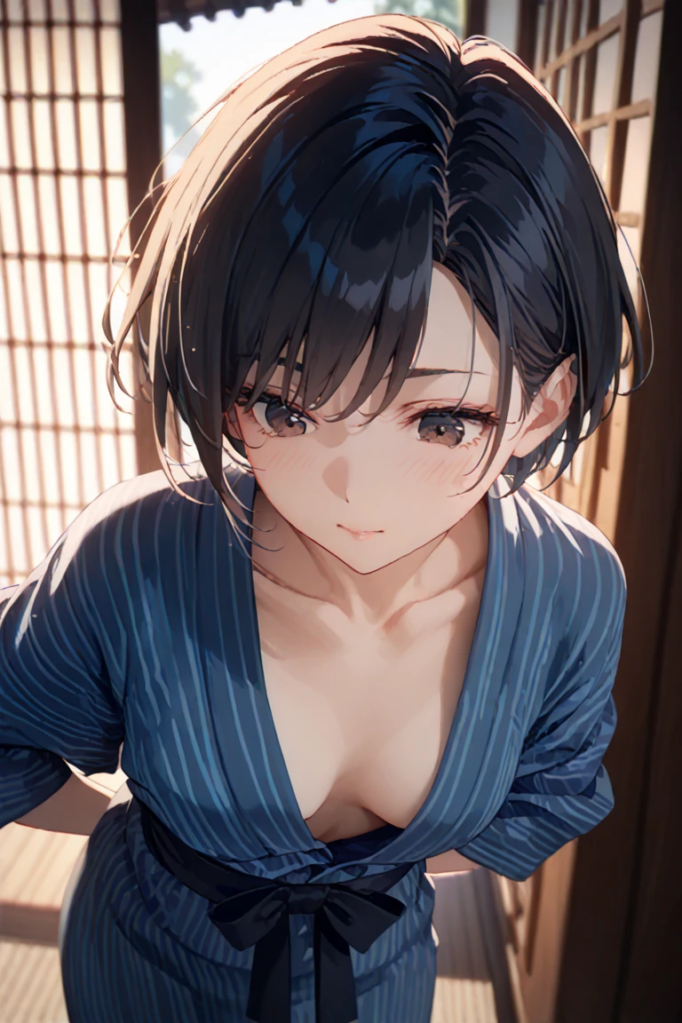 Masterpiece,Highest quality,8k,Ultra-high resolution,appropriate margins,Perfect hands,Perfect Fingers,Perfect human body,Perfect Eyes,((Cowboy Shot)),BREAK,Bright expression,(1 person),(The most beautiful woman),Slim body,((The most extraordinary breasts)),Big cleavage,Moisturized Skin,Fair skin,BREAK,((Light purple hair)),Side part,short hair,BREAK,Thin eyebrows,BREAK,Red eyes,BREAK,(yukata),(Wearing a sash),BREAK,Make eye contact with your audience,Open mouth and big smile,festival
