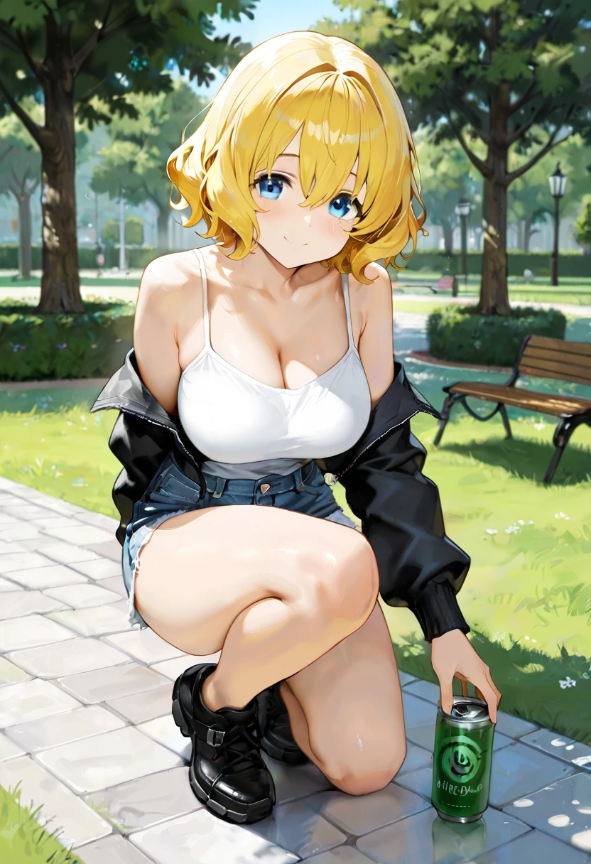 Chica anime sitting on a bench with a cup of coffee, cute Chica anime, ilustración de estilo animado, chica con tema de refrescos, hermosa chica de secundaria anime, una colegiala hiperrealista, Chica anime, young Chica anime, beautiful Chica anime, Chica anime drinks energy drink, estilo anime 4k, ilustración de anime digital, retro Chica anime, anime visual de una linda chica busty