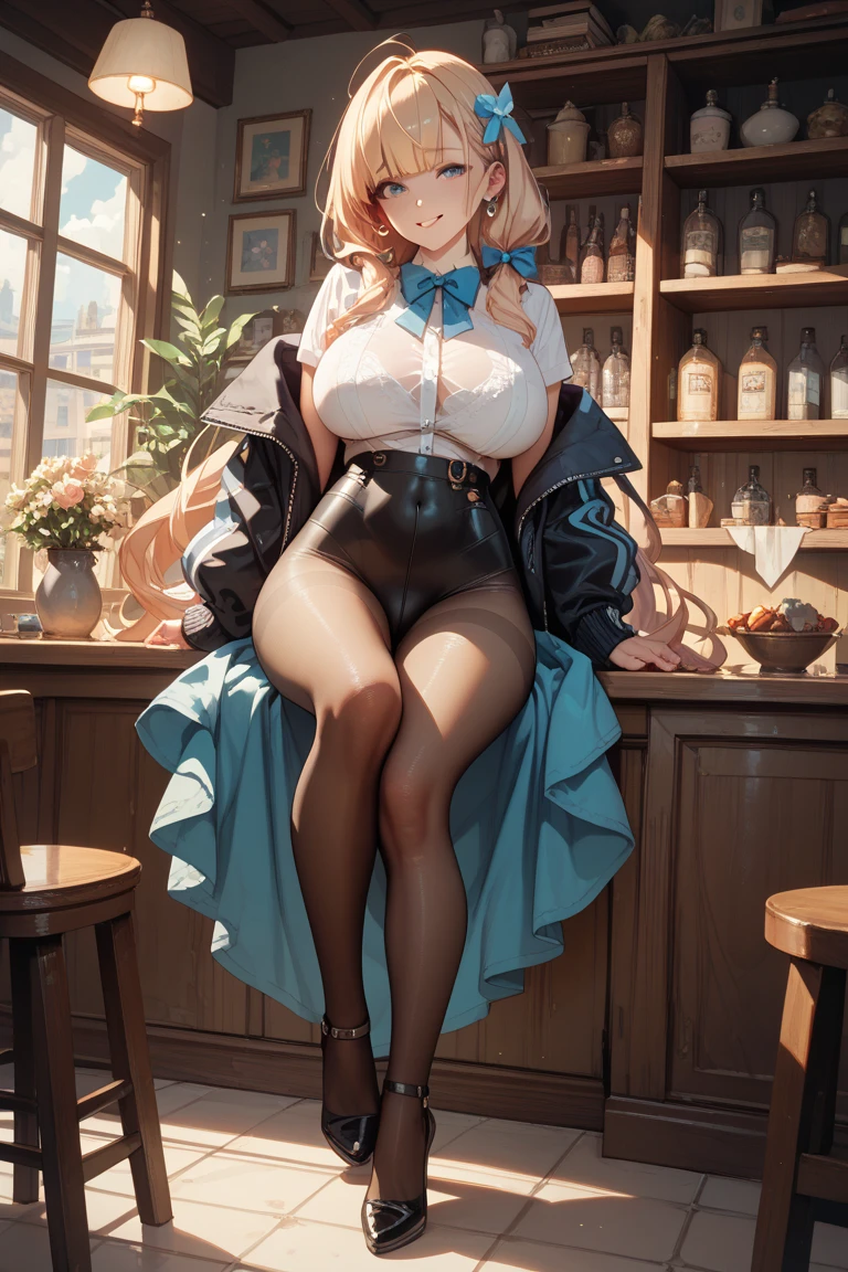 (masuter piece, high-quality, Mystical, Beautifully Aesthetic, ideal ratio of body proportions, offcial image art, Impresionism), (ultra high resolution, 8K RAW photo, photo realistics, natural lighting, textile shading), (1 matured woman:1.3, solo:1.5, milf:1.1), (Fractal pattern Art:1.2), shinny skin, tile patterns, ((alice in the wonderland:1.2, a girl floating in air:1.35, smiling with half-closing eyes)), ((flying PlayingCards, Trump, floating tea cup, floating tea pot, pocket watch:1.3, big mirror, lip sticks, candys, jam bottles)), cute animetic white rabbit, ((dark-Blue dress :1.5, a miniskirt, White Apron, white sock)), (platinum-blonde, tied hair with a ribbon), (Blue eyes, bright pupils with highlights, detailed eyes), (lying on your back:1.2, leaning backward:1.2, with rising up legs:1.3), ((dutch angle:1.5, full body:1.3, from below:1.2)), Exotic wallpapers, colorful image, simply background, fantastic, fantasy:1.5, ((correct anatomy:1.5, correct hand)),