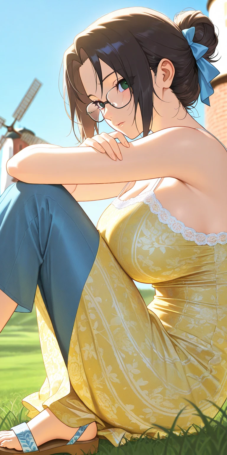 ((masutepiece)), ((Best Quality)), (Ultra-detailed), ((kawaii)), Cute, (lovely), ((Sexy)), (Ero), ((Extremely detailed)), 4K, (8K), Best Quality, (Beautiful), green pasture, Starry sky, Autumn, Pretty women, Solo,summer sweater,Slim Jeans, Beautiful black hair, Beautiful brown eyes, ((Beautiful eyes)),large braid ponytail,Ahoge, super huge breast, Cool