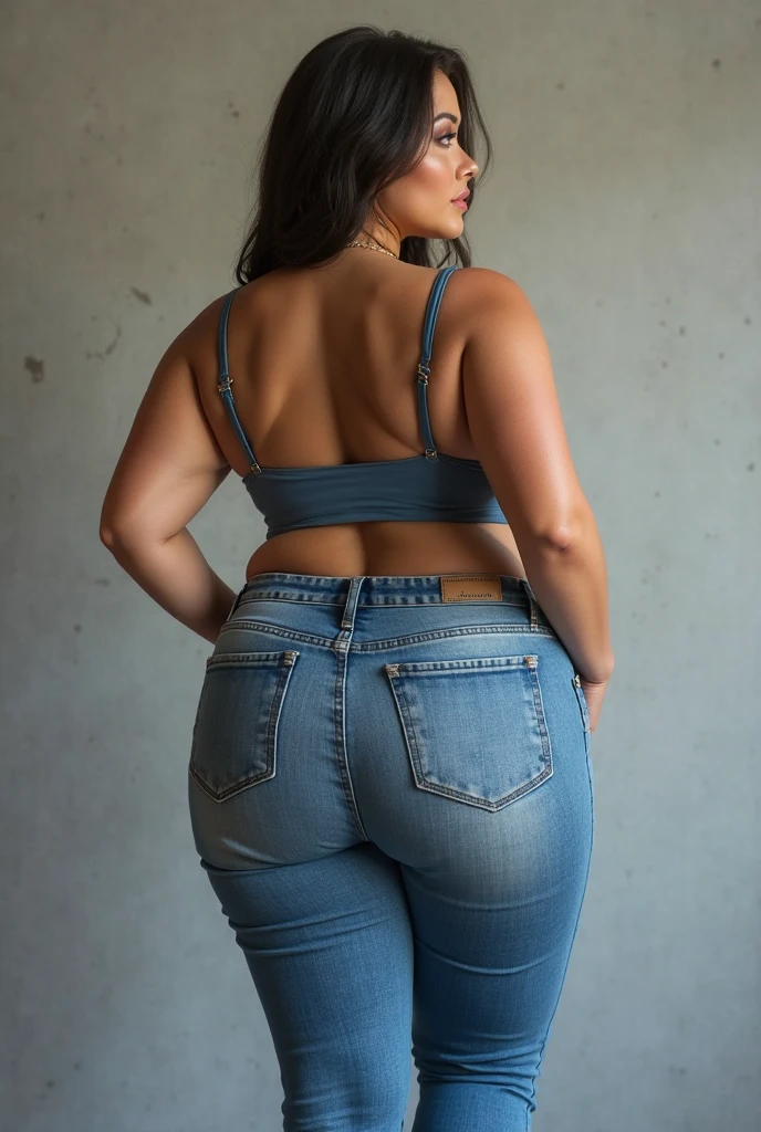 ((Jennifer Ehle)), 25 years, dark blonde hair, (((wearing cotton g string and bra, bending over trying to pull on jeans))), laughing, candid shot, from behind, slim curvy bum, jeans halfway up, shop fitting room, RAW, 8K