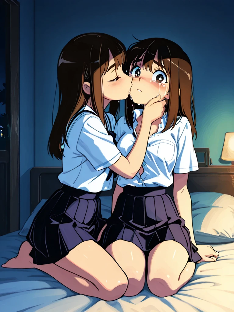 2 girls , bed,Yukinoshita Yukino , Yuigahama Yui , kiss , school uniform,check skirt,the skirt is rolled up,blue panties ,pink panties,