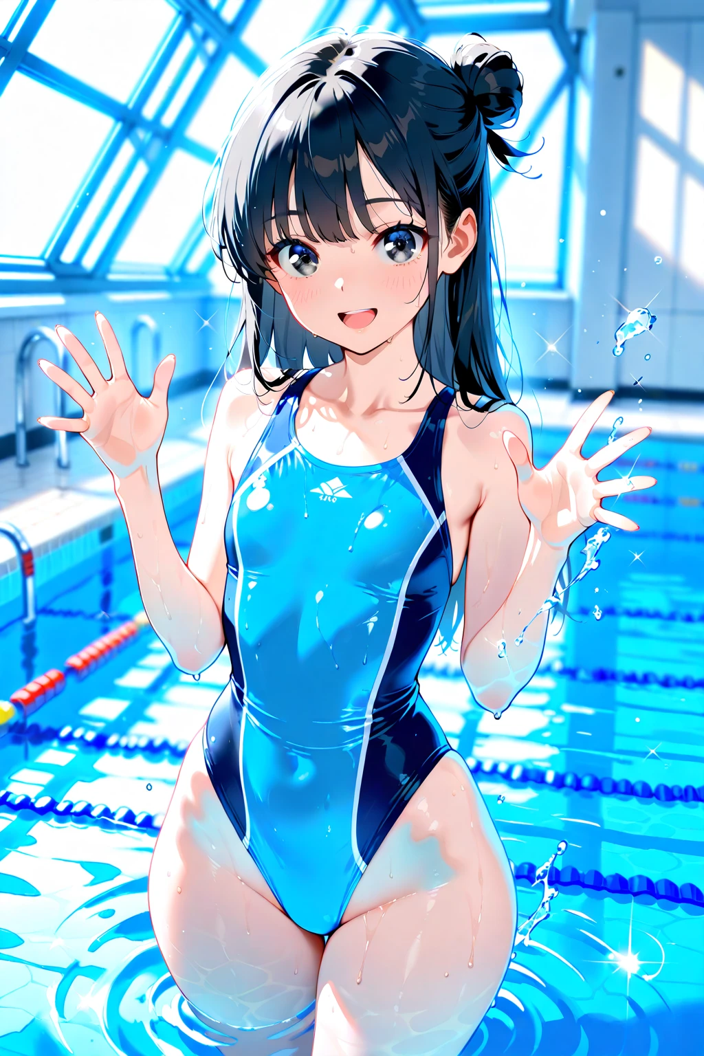 (Swimming Style, ), (Wet Skin, solo:2, 15 yo forehead blue hair long hair cute girl, lovely blue eyes, cute open mouth, glossy lips, ecstasy smile), in a One piece swimsuit, break, in the School swimming pool, BREAK, perfect anatomy, masterpiece, best quality, 16k, beautiful detailed grow, daydreaming expression.