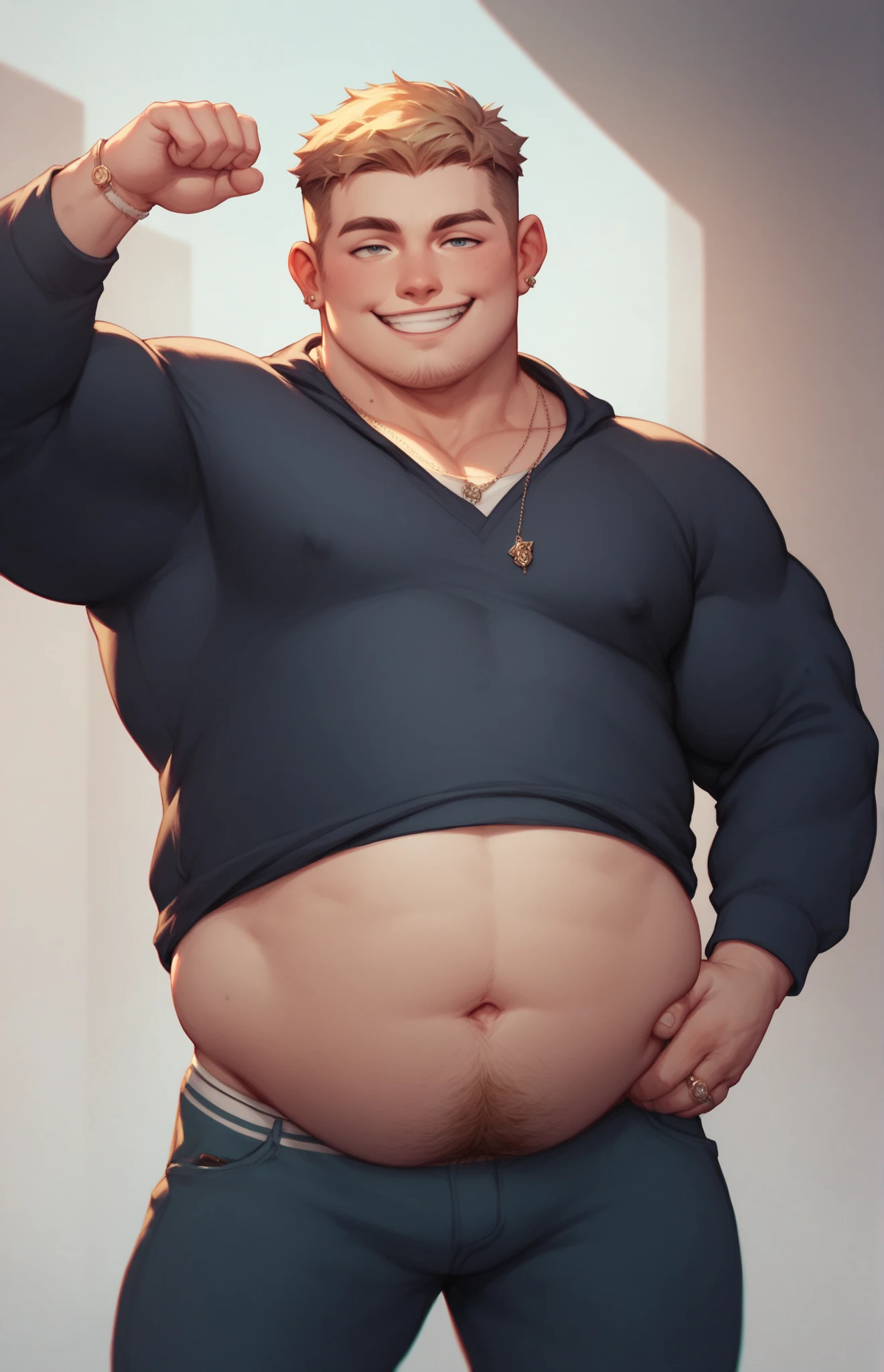 Black male, hairy, speedo, prominent belly, bulged and bloated belly, swollen belly, muscular, tall