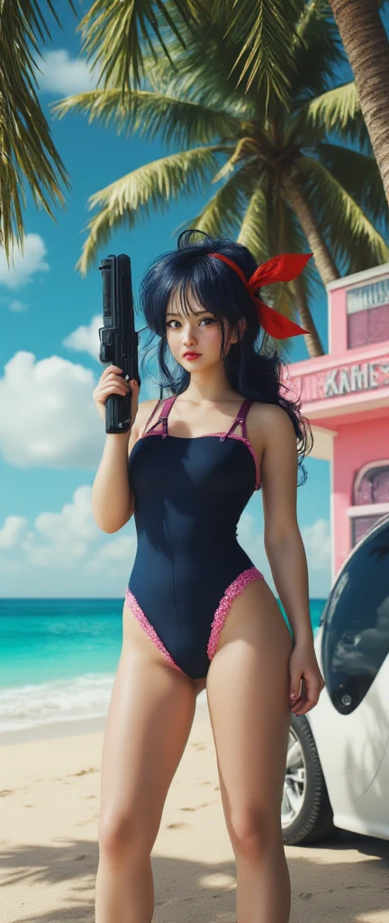 (masterpiece), (best quality), (detailed), light layer, 1solo girl, young women, perfect body, purple hair in curls, defined large chest, small waist,defined collarbone, ultra realistic, photorealistic, detailed, ,Enhance, wearing a blue camo 2 piece bikini, smiling, back view