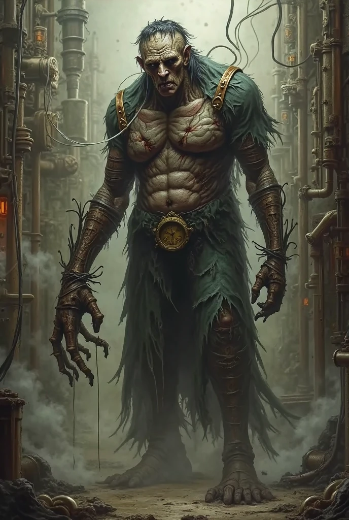 masterpiece, noise suppression, void noise, one male elf, Best quality, permission 8k, male focus, sharp image, just concentrate, stunning composition, volumetric lighting, super quality, Very detailed, fantasy, adult male elf zombie with very long white curly disheveled hair, Cold, dead man with pale grayish skin, thin, skinny, fit, with a short white beard, yellow eyes, cadaveric spots, crazy, in a torn shirt and pants, in blood, sharp claws, shows sharp teeth and smiles, fantasy средневековье, Gloomy Dungeon