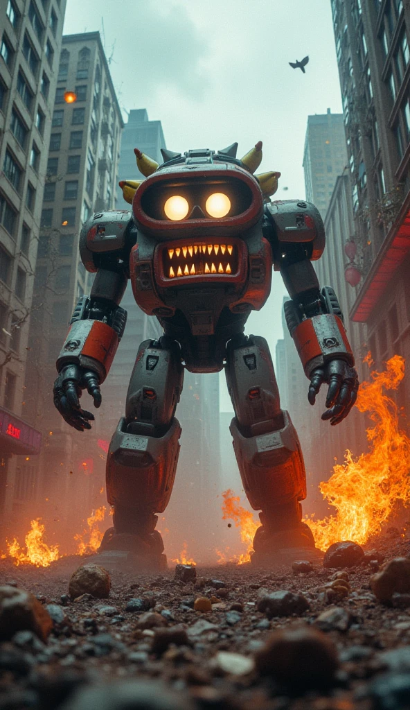postapocalyptic photography, extreme high angle, a robotic clown in a ruined cityscape, mechanical melancholy, emotionless face, rusted parts, devastated city, broken lighting, overcast dawn, desolation, rust and steel, scattered focus, debris effects, apocalyptic theme, far future, shot on Nikon Z7 II, telephoto lens, 200mm, H.G. Wells style, futurism dystopian, mechanical despair, jagged metal, cracked concrete, isolation, despondency, city of clowns, fragmented vision