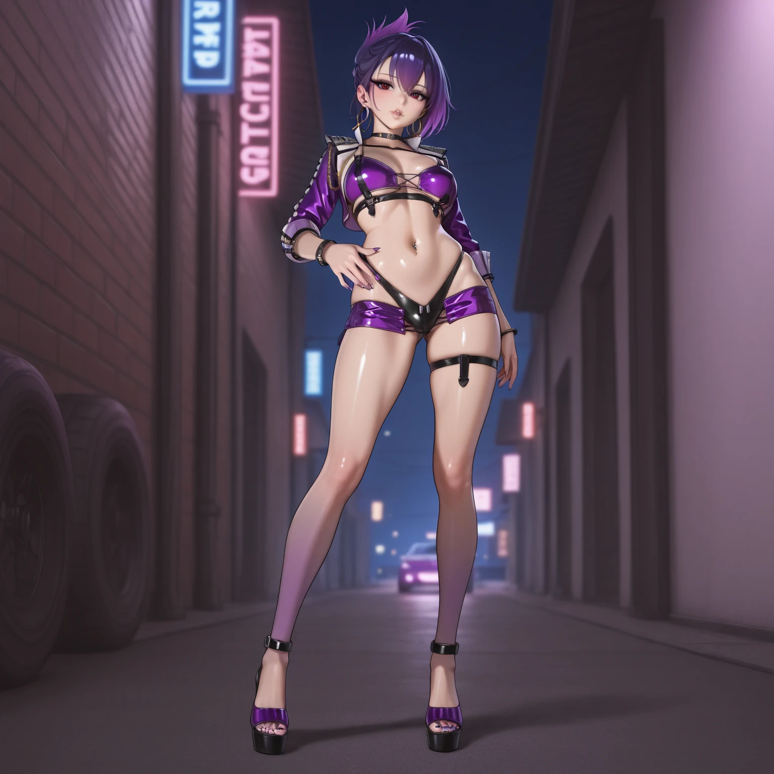Masterpiece, best quality, Masterpiece, best quality, 1 woman , red eyes , long purple ponytail , sly face , smile , purple bikini , abdomen, big breasts , Long legs , Barefoot , hands on hips , abandoned factory , at night