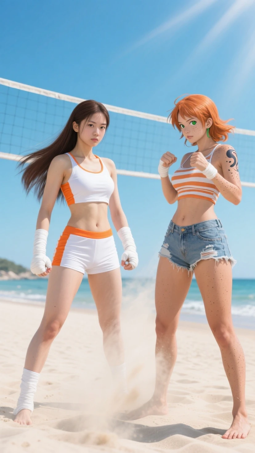 Raw image, two seductor teenagers, twins, redhead, blue eye, modern hairstyle, bored, tight clothes, imperfect skin, photorealistic, playing beach voley in front of me, focus on groint, (textured skin, skin pores:1.1), (moles:0.8), imperfect skin, goosebumps, (light freckles:0.9), (sun-kissed:1.1), ((photorealistic):1.1), (high detailed skin:1.2)
