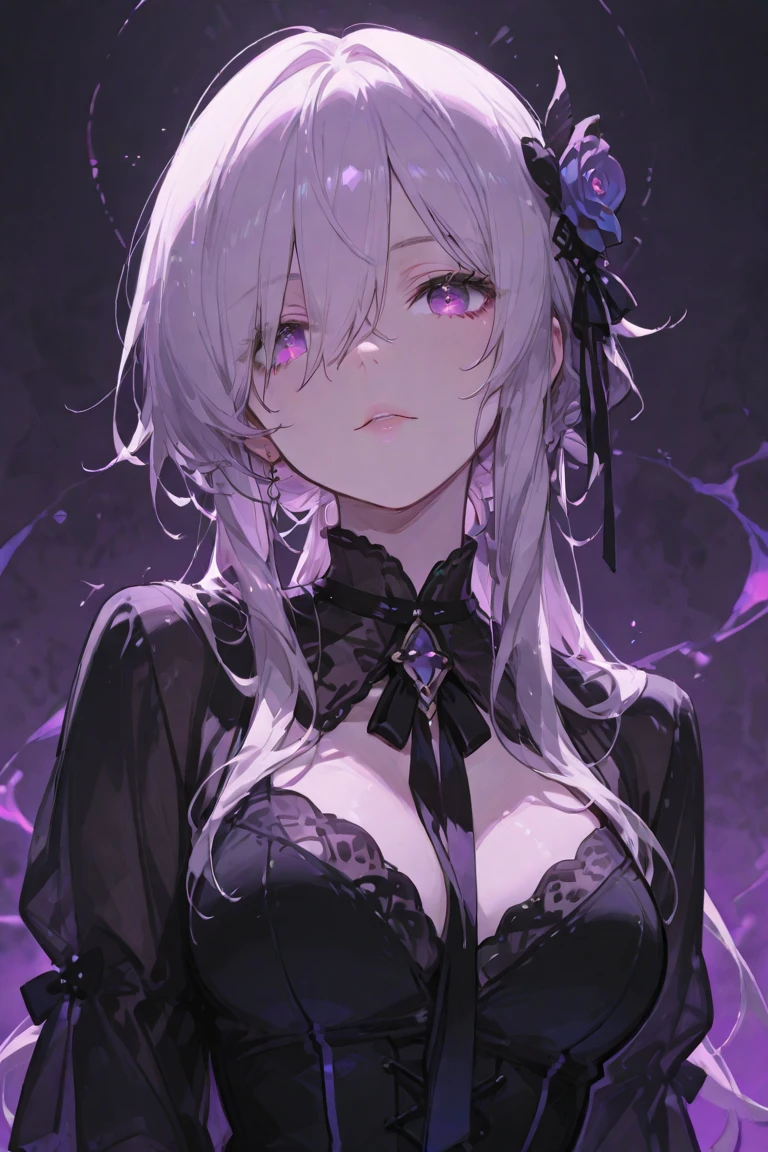 solo, handsome,
1. Female,
Hime cut,Straight Hair,Bob Hair,
White hair,
Nakano Yotsuba,
purple Eyes,Soft look,beautiful,beautiful,Sexy,Darkness,Lots of silver earrings,choker,
White Off Shoulder,White Distressed jeans,Bra,
White skin,
black background,