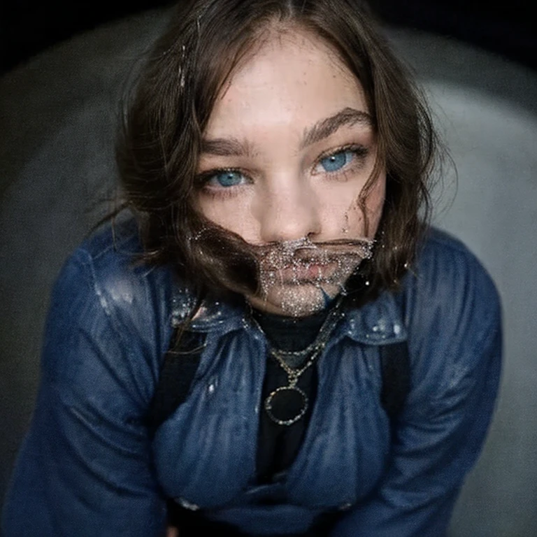 (realistic:1.2) (feral:1.2) Kruzadar with a ballgag, red hair, blue eyes, tears, wet skin, runnin makeup, mascara, ruined mascara, dark eye shadow