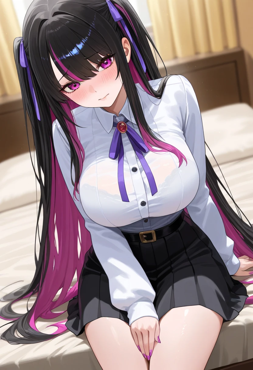 (email) ((Highest quality))、(masterpiece)、(Realistic Shadows)、NSFW、(16 year old beautiful girl),(Subjective)、cropped torso、Twin tails、Long Hair、(colored inner hair black hair + pink inner hair)、Pink hair ribbon、Blue eyes、Black shirt、Purple tie、pencil skirt