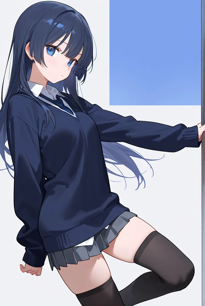 Junior high school student who looks like an elementary school student, s old, very short, 140cm tall, black hair with a slight green tinge, short ahoge, beautiful long hair but with a little hair sticking out, beautiful round eyes, blue eyes, smile, boyish, big breasts, hair longer than waist, long hair, young face, dark greenish black hair, gentle smile, a little shy, hair is black but has a slight green tinge, boyish and gentle smile I have, (bottomless :1.8),take off the skirt,skirt lift,pussy are visible