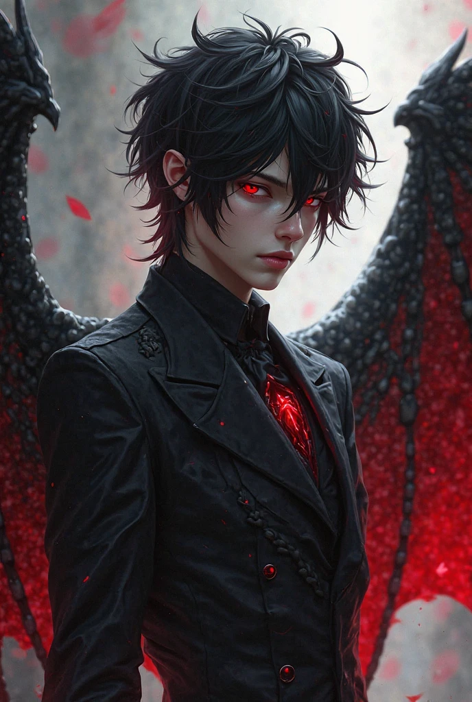 A boy who looks like someone in his 20s, her hair is black and red and her skin is white and pale, each of your eyes has a different color from the other, he is sad and melancholic because he is not reciprocated by the man he loves, he looks like a gothic, he is an angel who lost his heavenly grace and was cursed, he has vampire fangs and one of his wings is skeletal and the other is bat-like, he is a dark wizard, he has a black dog made entirely of darkness, he wears a choker and a skeleton necklace, he also likes butterflies and is an RPG character, he cries black tears and is always accompanied by his dog of darkness, the dog appears to be made of black smoke.