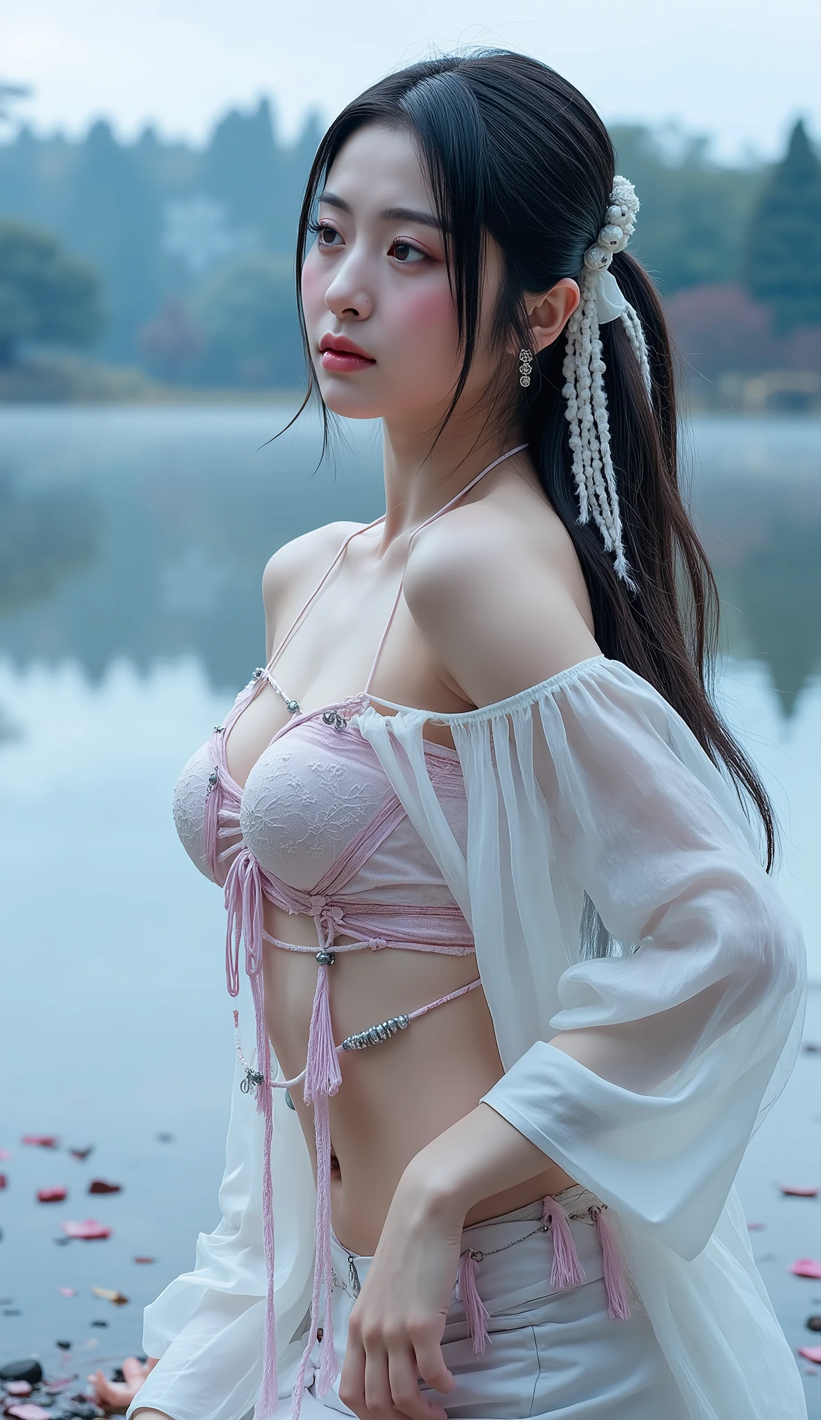 　She wears a sleek, stylish bikini that perfectly complements her ethereal appearance. The bikini is designed with intricate patterns that mimic traditional Japanese motifs, such as delicate floral designs and subtle fox imagery, all highlighted with shimmering gold accents that catch the light. The bikini's fabric has a soft, flowing quality, almost as if it’s woven from the very essence of her tails.　Prompt: Create an ultra-realistic 8K resolution image of Yuki-onna, a mythical figure from Japanese folklore, reimagined as a Gothic Lolita beauty while retaining her iconic features. The Yuki-onna has her traditional pale, almost translucent skin that radiates an eerie, cold aura. Her long, flowing black hair is styled with intricate Gothic accessories, such as lace bows and delicate black roses, blending seamlessly with her ethereal presence. 

She wears a Gothic Lolita dress in shades of midnight blue and black, adorned with intricate lace, frills, and ribbons that flutter gently as if caught in a cold winter breeze. The dress has a high collar and long sleeves, with patterns resembling snowflakes and frost intricately embroidered in silver thread. Her eyes are hauntingly beautiful, glowing with a faint, icy blue light, and her expression is both mysterious and captivating. 

In her hand, she delicately holds a lace parasol, adding a touch of elegance to her otherworldly appearance. The background is a dark, snow-covered forest, with the moon casting a pale light that enhances the Gothic atmosphere. The scene captures the essence of Yuki-onna's haunting beauty, now infused with the dark, elegant charm of Gothic Lolita fashion.