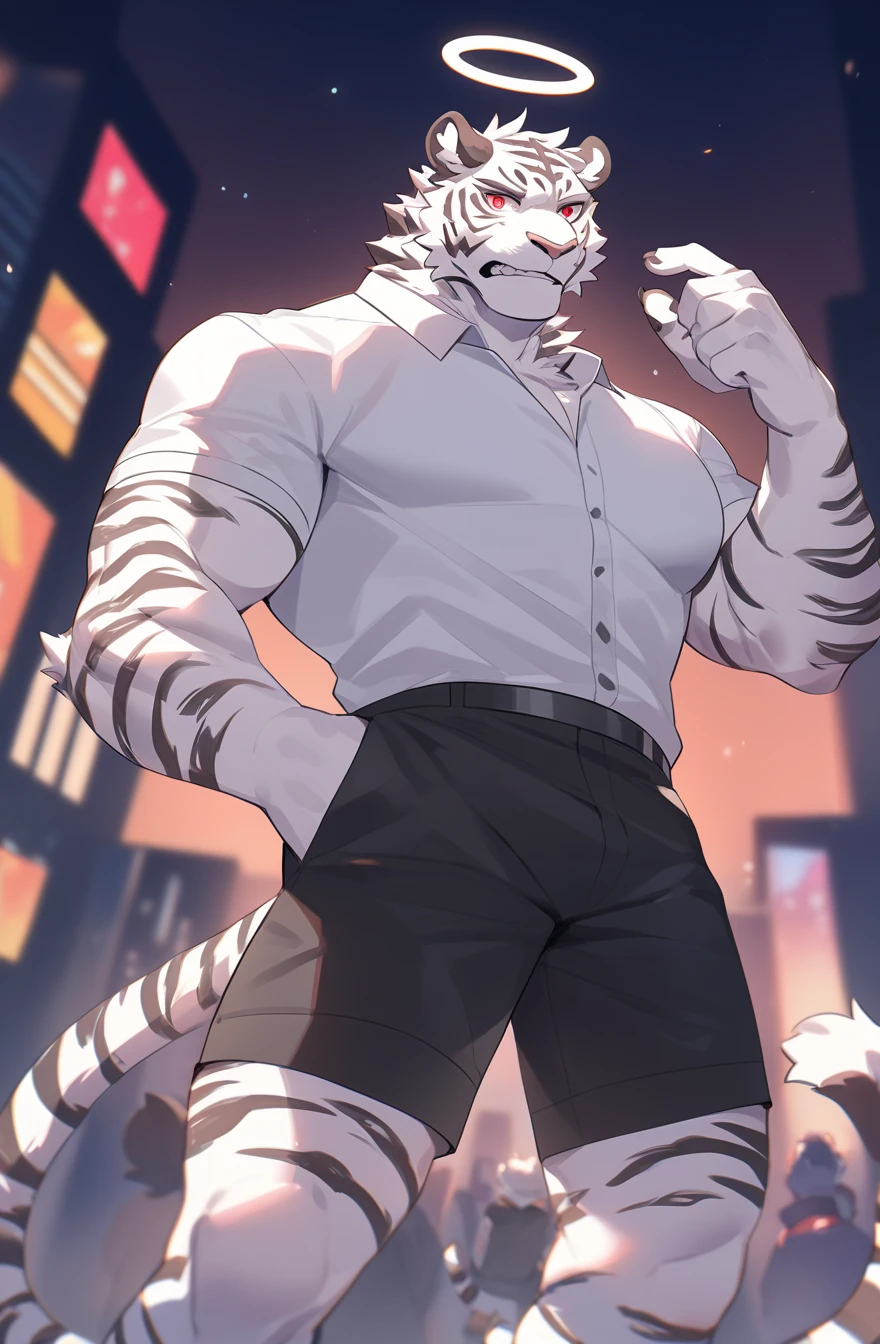 (male focus, Handsome 1boy, single, solitary:1.3), Imperial General，protrait photo, (Black claws,Black nails:1.4), (White thick eyebrows, White mane:1.2), (White ears:1.4), (White hair, White skin, White body:1.4), (Perfect black eyes,:1.4), 
, Semi-mechanized, lion, lion boy, lion body, (big eyes, large eyes:1.3), Chubby, Larger face, (White tail, lion的尾巴:1.2), Human feet, 
(Black military uniform, Black tie, Black leather belt, Black military boots:1.3), Black gloves, (Ragged clothes, Tattered pants:1.2), (Single robotic arm, Single mechanical foot, Single mechanical eye:1.3), 
(full body:1.2), Whole body, (Mature men:1.3), muscle, Strong male, muscle男, Chest muscles, Abdominal muscles, (Stout legs:1.3), (sitting, Sitting by the wall:1.3), (Looking at each other, Focus, Eyes gaze:1.2), (Serious expression, Fierce expression, A vicious look:1.3), (It's covered in scars, Bleeding:1.2), The mechanical part is smoking, Mars, 
full background, (Loess surface, shattered wall, ruins, Smoke, Dark clouds, crumb, Mechanical Parts, Mechanical debris everywhere:1.1), 
Mysterious and romantic atmosphere, Caustic lines(refraction, polarization)Perfect anatomical structure, absurd, Detailed background, Delicate eyes,Printing style。（artist:Takemoto Arashi）