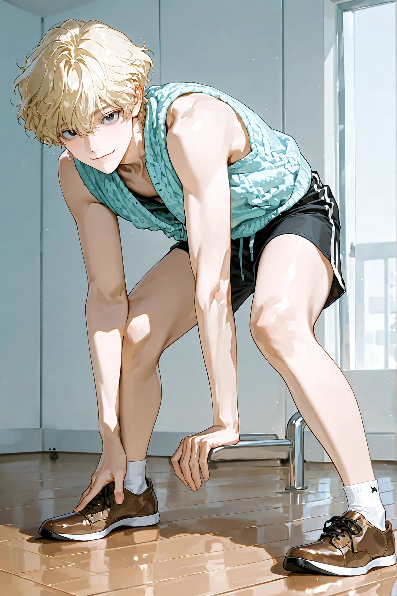 Anime boy in black leotard sitting on floor, Anime boy in white tights sitting on the floor, Anime boy with blonde tied hair sitting on the floor, Strongest Pose, elegant floating pose, wearing leotard, dramatic floating pose, anime pose, Beautiful Boys, Muscular men, relaxed poses, Cool pose, Leotard, Thin shoulder straps, strong pose, doing an elegant pose, pretty face with arms and legs, fully body pose, neutral pose, Poses variadas