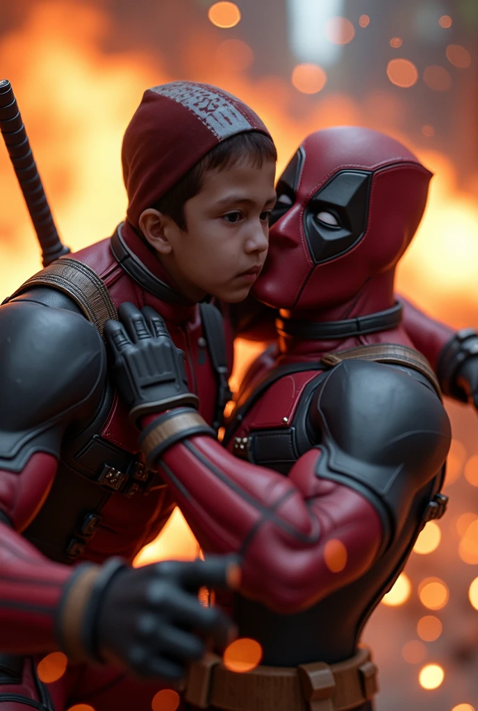 A cool Deadpool wallpaper in which Deadpool is holding a 14 year old boy in his arms and they are Happy and kind of sexy and Deadpool is loving him
