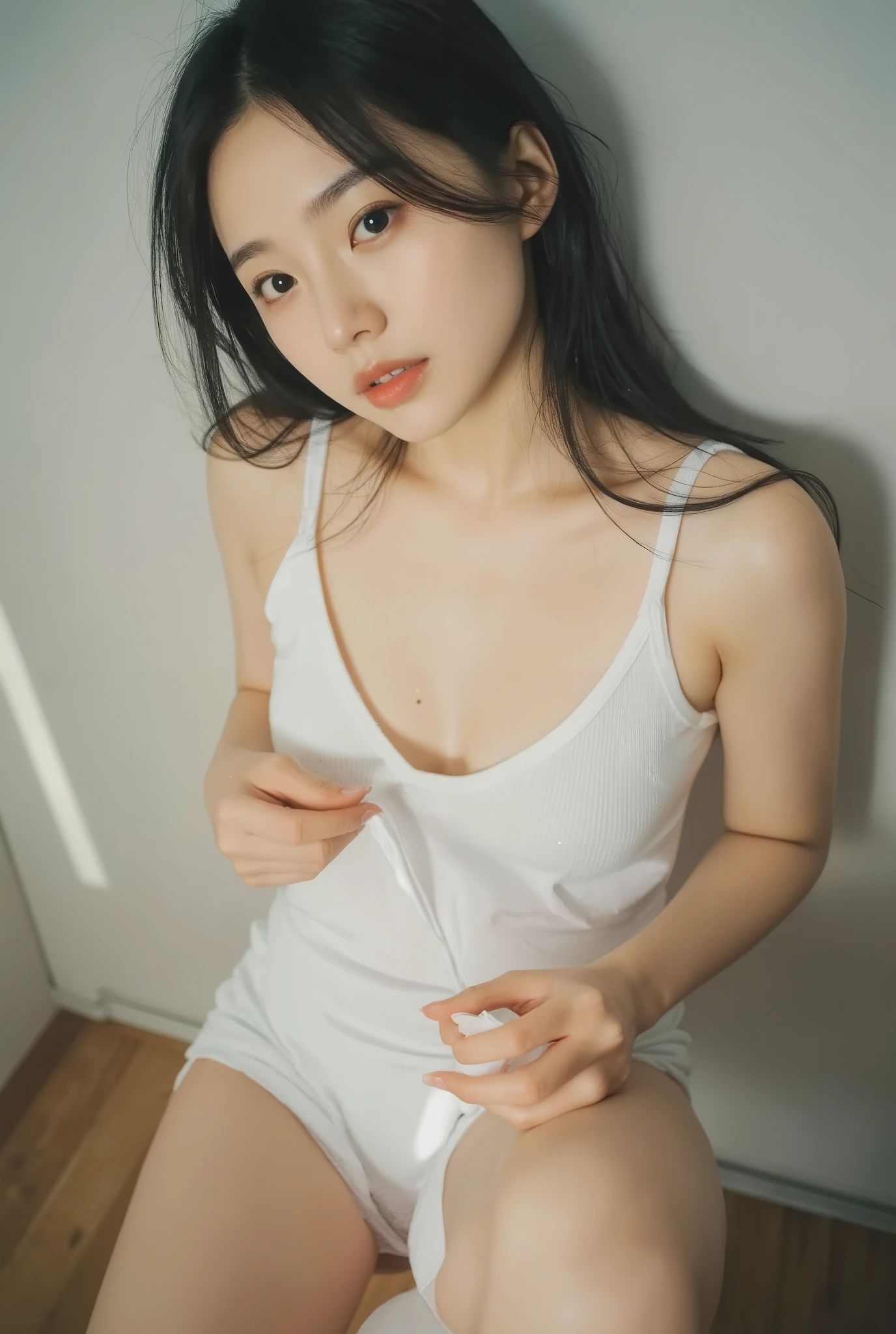 25 year old Asian female, moist skin, She wears a wet white tank top,Fits tightly to the body, Reveals Cleavage, She pulls her panties up, Sexy pose next to the bathroom sink, , she looked at the audience, Beautiful Thighs , facial details, Clear Focus, Detail of 4K masterpiece, The light hits her skin and makes her stand out (natural light). full body photo, intricate details, photography,Life photos, TV series stills , skin texture with real visible pores , Handheld medium and long distance shots ,Model photo shoot, slight noise , rich dark details , movie color restoration , , She wears a simple but slightly messy outfit 。 The photo has a faint halo and natural film grain typical of CCD sensors, less saturated ,塑造出近似 1990s photography风格, no artificial retouching , with light reflections on the wooden floor , like a slight glow on the skin 、 Blue tint under eyes 、 natural wrinkles 。 Show real 、 unmodified emotional expression 8k写真,White Tone , photography,Life photos, TV series stills , skin texture with real visible pores , Handheld medium and long distance shots ,Model photo shoot, slight noise , rich dark details , movie color restoration , , She wears a simple but slightly messy outfit 。 The photo has a faint halo and natural film grain typical of CCD sensors, less saturated ,塑造出近似 1990s photography风格, no artificial retouching , with light reflections on the wooden floor , like a slight glow on the skin 、 Blue tint under eyes 、 natural wrinkles 。 Show real 、 unmodified emotional expression