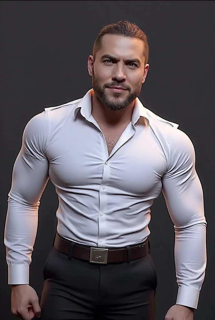 Masterpiece, highest quality, Ultra-Realistic, one man, full body shot, Italian policeman, italian, italian police uniform, rugged, muscular, big biceps, big forearms, bodybuilder body, hairy, very short hair, buzz cut hairstyle, masculine, manly, serious, patrolling, police boots, police gloves, looking directly at viewer, rugged face, Chiselled face, dimple in chin, buzz cut, big bulge, highly detailed realistic police uniform:1.5), (big bulge:1.5), patrolling, ((full body shot)), rugged, masculine, manly, muscular!, hairy, tall, 40 years old, full stubble beard, ((tight police uniform)), hairy!!, muscles!!, sweaty, dominating, alpha male, nsfw, ((Italian carabinieri police uniform)), burly, hairy and big forearms, big biceps, bodybuilder body, smiling, ((carabinieri)), (carabinieri blacl tall boots), (open shirt:1.4)