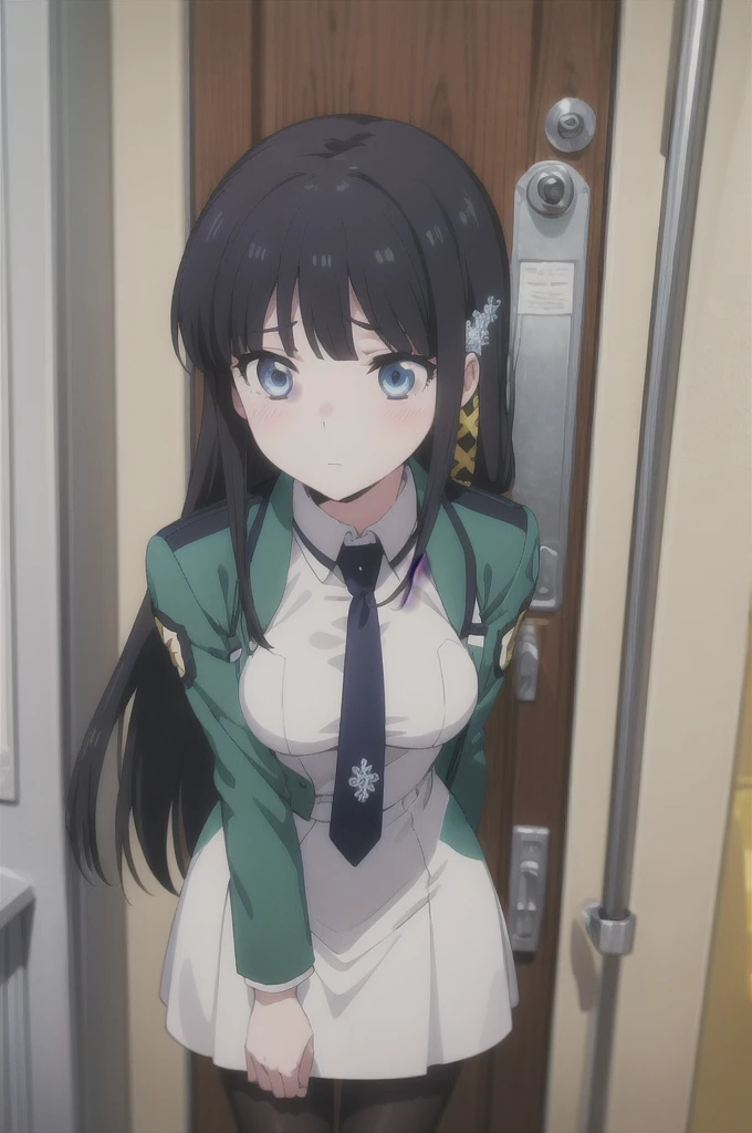 1 girl, alone, masterpiece, highest quality,
The Irregular at Magic High School, Miyuki Shiba, shiba miyuki, black eye, blue eyes, tsurime, eyelash, black hair, long hair, princess cut, straight hair, dull bangs, blunt end, side lock, hair ornaments, snowflake hair ornaments, initial height , dress, white dress, collared dress, pencil dress, tie, black tie, short tie, Jacket, green Jacket, cropped Jacket, open Jacket, long sleeve, large chest, pantyhose, chest,
cowboy shot, leaning forward, V arm, From above, look up, looking at the viewer,
blush, smile, :d, open your mouth,
simple background, white background, heart background, heart, spoken heart
