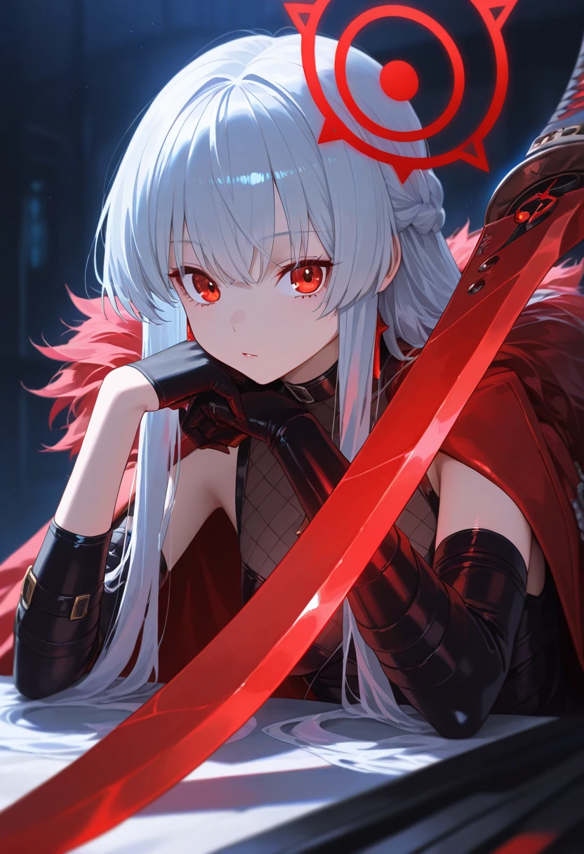 bunny、Lady、Gray Hair、Red Eye、逆bunny、leather、solo, Large knives、only wrist、Reverse handholding、Missing arm