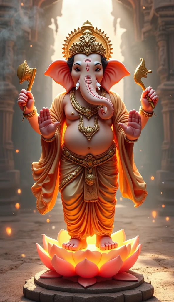 Cute Ganesha Standing Front Of Moon Holding Trident In His Hand.. Wearing White And Golden Colour Mix Dhoti Rudraksha Mala undefined, undefined, undefined, undefined, 
