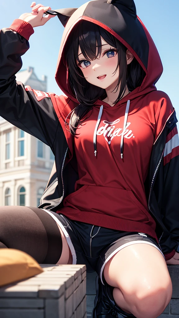 masterpiece、Top image quality、1人の女性、Beautiful woman sitting on the stairs、Legs wide open、Hands between the legs、Hoodie、Detailed facial expressions、Detailed eye、Detailed nose、((Detailed red lips))、((((爆乳))))、Female proportions considered everywhere、Skyscraper District、Sunset between buildings、Large circular earrings、beauty legs