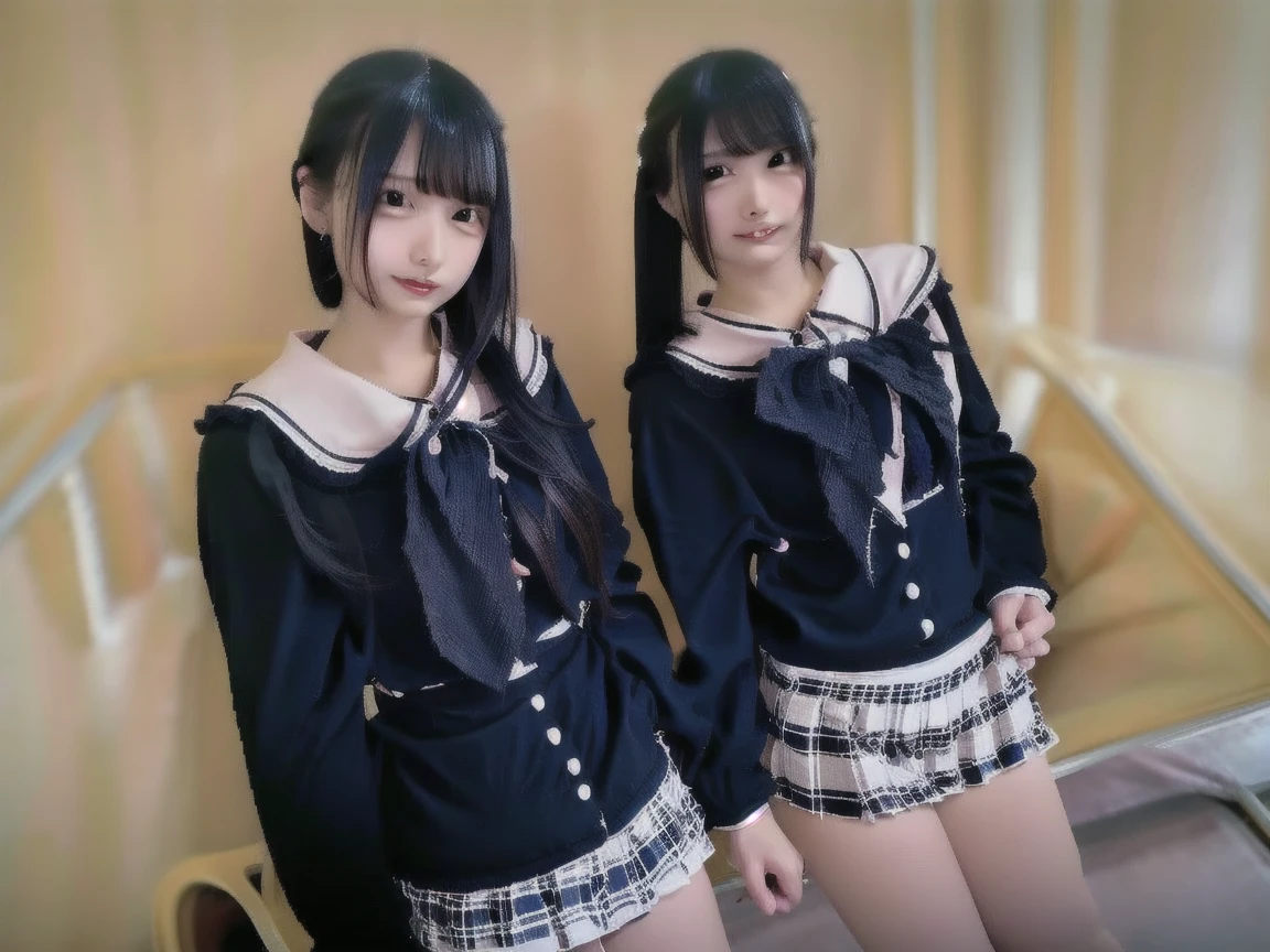 (top-quality、in 8K、32K、masterpiece、超A high resolution、Impresionismo、Photorealsitic:1.2)、Full body, Inside the classroom、Schools、Evening glow、beauitful face、blurry backround、-yeld beiful girl、shinny skin、bob cuts、Beautiful black hair、(Katyusha:1.2)、a sailor suit、Pleated miniskirt、Curve、dynamicposes、Smile with open mouth、Two girls, lying on sofa