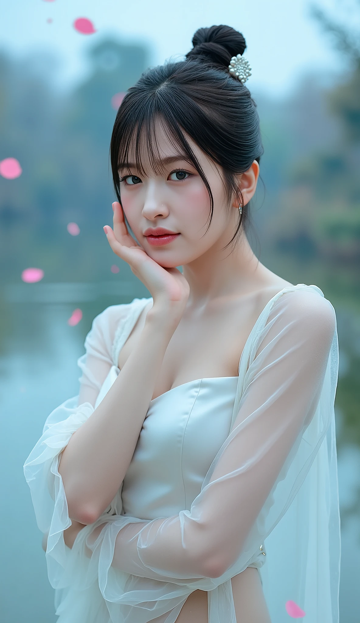 (8k Masterpiece),((Extremely detailed)), (Highly detailed computer illustration), ((Extremely exquisite and beautiful)), Fine fingers and toes, Long legs(From below:1.exy lips(Slightly closed),Big eyes,(Balanced left and right eye ratio),Asian Models(Sexy pose,charming,Shy,Charming),Fair skin (Pay attention to skin details:1.2),Large Breasts (The nipple contour clearly expresses the shape、Protruding hard nipples),Fabric color is the same as your skin color(Transparent fabric,You can see your breasts through it,Can't tell the difference between skin and underwear),1 girl, Dark flaxen grey hair, Hair accessories, Wide sleeves, FOG, Outdoor, reflection, Transparent Sexy Top and White Skirt, No underwear, Simple style, Transparent sexy swim skirt, (Realistic water flow:1.1)Ripple Wave, Tension lens(Blue sky,Visual impact,使海报生动且Visual impact力强:1.2),Chinese Zen style,Attractive pictures, (Scattered petals:1.5