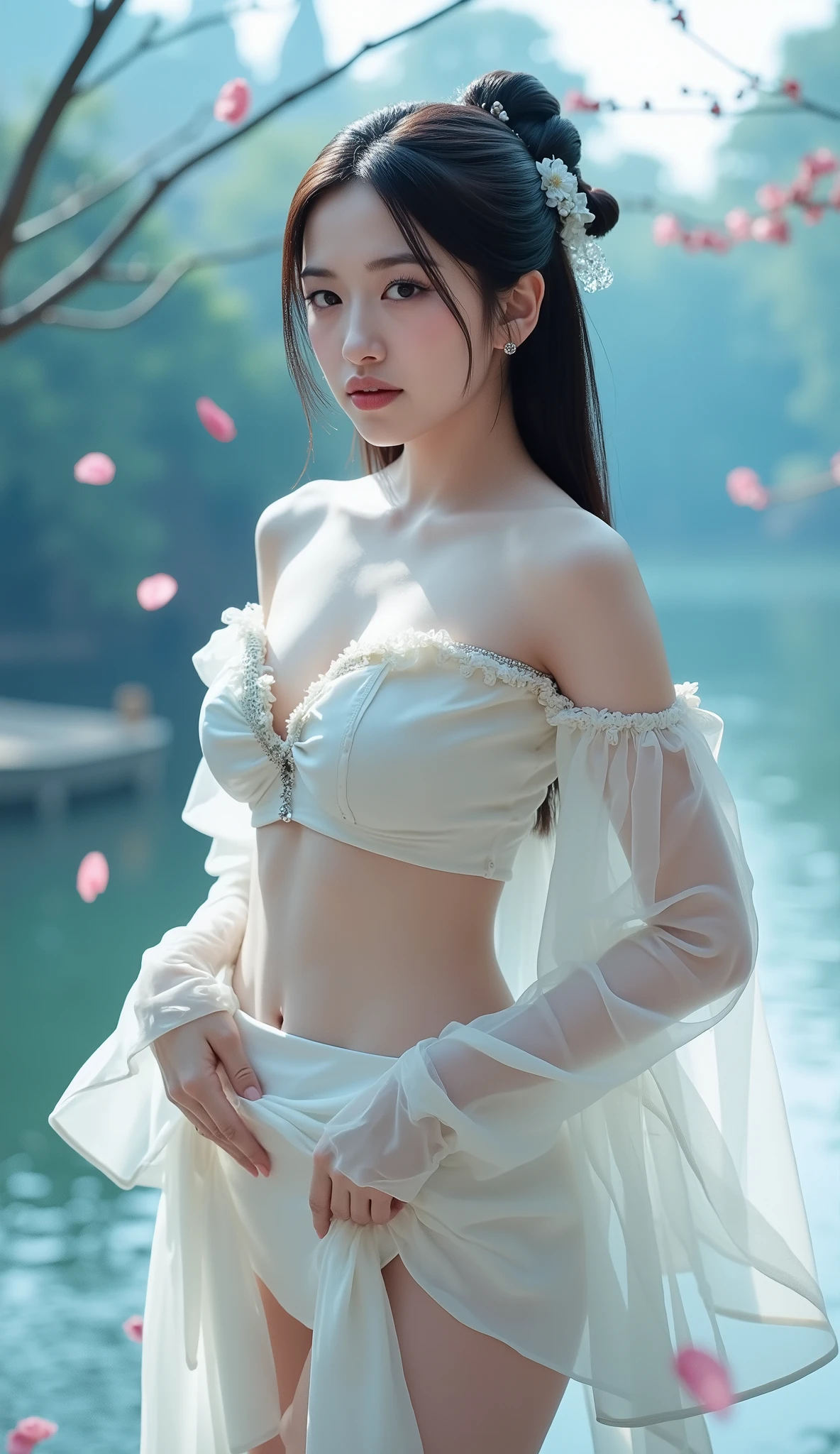 (8k Masterpiece),((Extremely detailed)), (Highly detailed computer illustration), ((Extremely exquisite and beautiful)), Fine fingers and toes, Long legs(From below:1.exy lips(Slightly closed),Big eyes,(Balanced left and right eye ratio),Asian Models(Sexy pose,charming,Shy,Charming),Fair skin (Pay attention to skin details:1.2),Large Breasts (The nipple contour clearly expresses the shape、Protruding hard nipples),Fabric color is the same as your skin color(Transparent fabric,You can see your breasts through it,Can't tell the difference between skin and underwear),1 girl, Dark flaxen grey hair, Hair accessories, Wide sleeves, FOG, Outdoor, reflection, Transparent Sexy Top and White Skirt, No underwear, Simple style, Transparent sexy swim skirt, (Realistic water flow:1.1)Ripple Wave, Tension lens(Blue sky,Visual impact,使海报生动且Visual impact力强:1.2),Chinese Zen style,Attractive pictures, (Scattered petals:1.5
