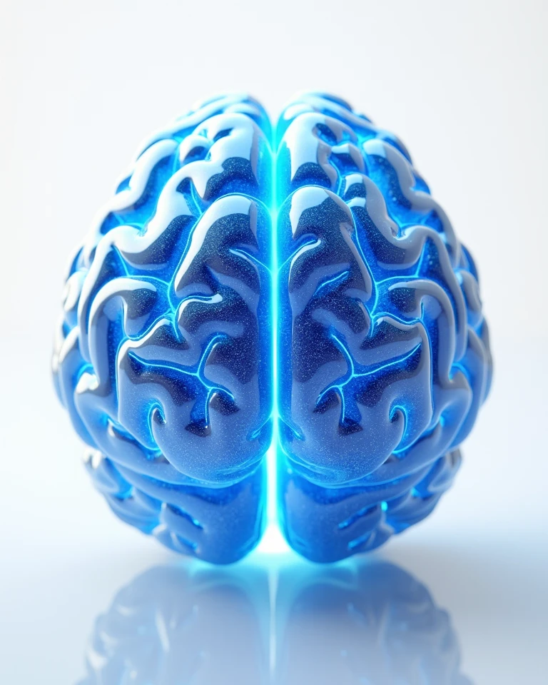 A white background with metallic brains floating around