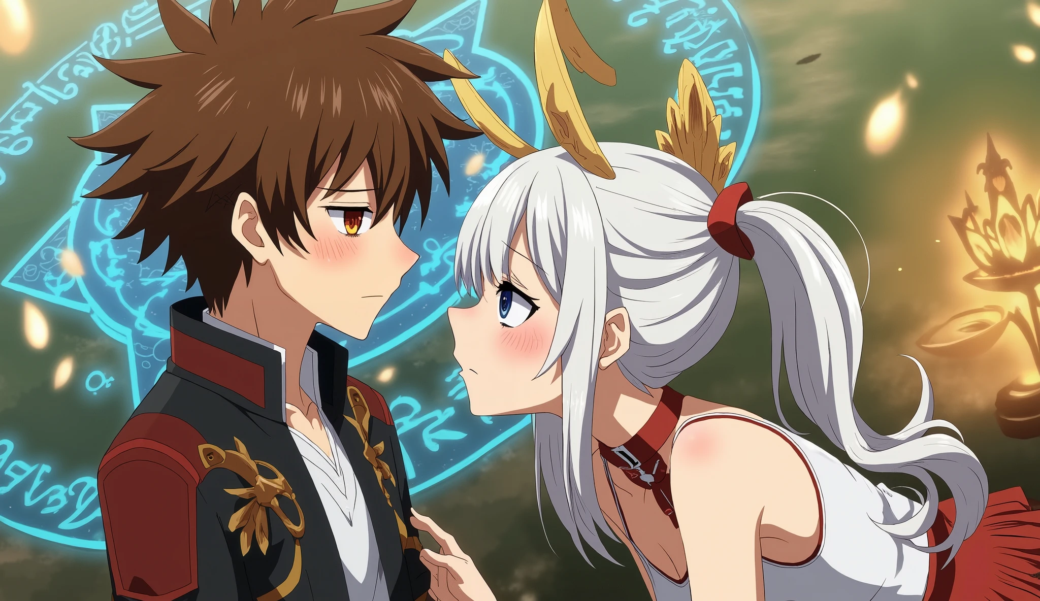 Anime-style fantasy scene with a close-up of a white-haired girl and a brown-haired boy standing face-to-face, intense eye contact, the girl leaning forward confidently and teasing the boy, glowing magical runes in the background, ancient spell circle with blue light, fantasy clothes and equipment, magical atmosphere, subtle blush on the boy, dramatic lighting, vibrant colors, detailed anime illustration, HD