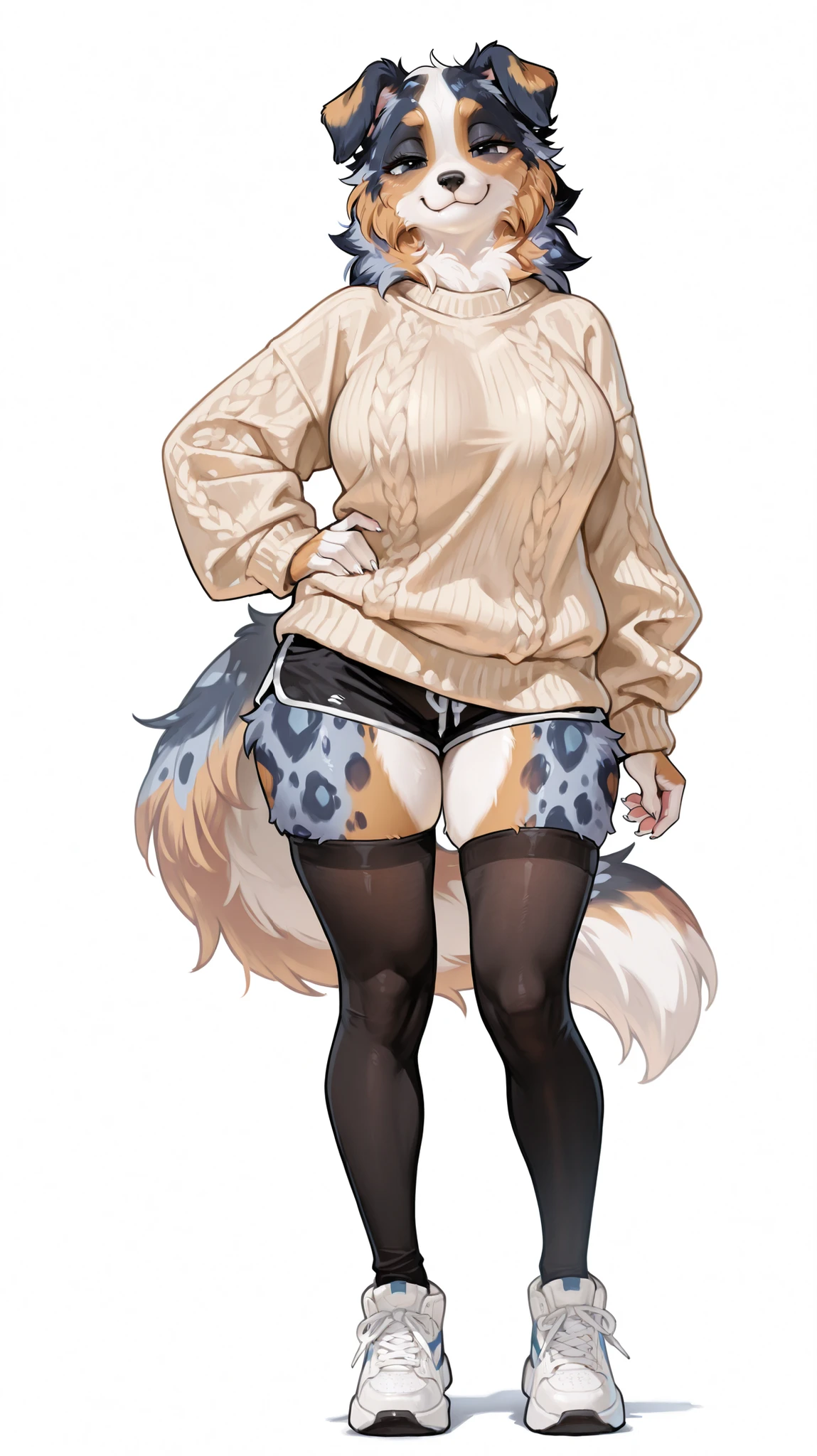 masterpiece, best quality, amazing quality, very aesthetic, high resolution, ultra-detailed, absurdres, newest, female, Australian Shepherd, big breasts, folded ears, black eyes, :3, happy, smile, fluffy tail, paws, claws, full body, white background, BREAK, photorealistic details, volumetric lighting, thick highs, wide hips, furry, anthro, hand on hip, half-lidded eyes, (white shoes, sneakers, black thigh-highs, black shorts, short shorts), (baggy sweater, beige sweater),