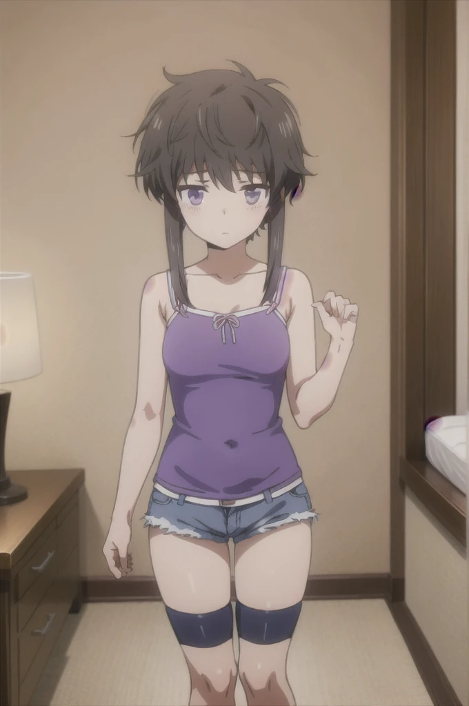 (A superb exquisite yuki nagato), (yuki nagato:1.5), brown eyes, brown hair, natural straight hair, solo, nature, extremely delicate, straight facial features, peerless beautiful girl, soft, (sensual face), ((ecchi face)), dreamy quality, exaggerated facial features, solid color, frank holly, delicate face, bright lips, slender waist, soft curves, super fine, 4k, natural moving, Ultra high resolution, (masterpiece:1.2, best quality), (finely detailed beautiful eyes: 1.2), (beautiful detailed face), sexy nude model, sexy pose, (medium chest), (Perfect Body Proportions), (bedroom), Mekosuji, Spread your legs a little and show off your crotch, bra & panties,