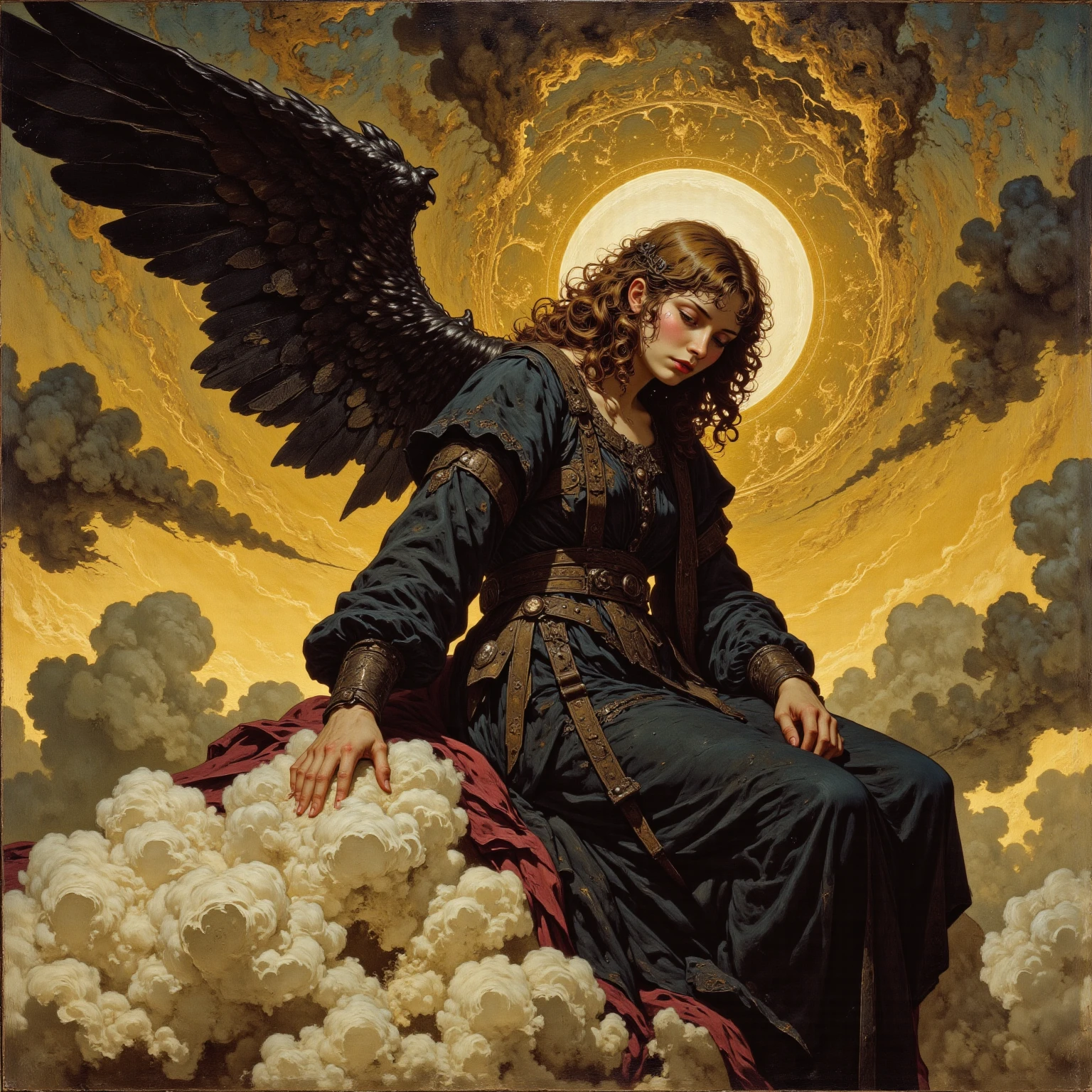 arafed image of a statue of a woman with a wreath on her head, cherub, angel with black wings, gold wings, hypnos, gold wings on head, golden wings, gilded relief, baroque marble and gold in space, cupid, winged boy, gilded gold halo behind head, inspired by Gustave Boulanger, archangel, angelical, eros
