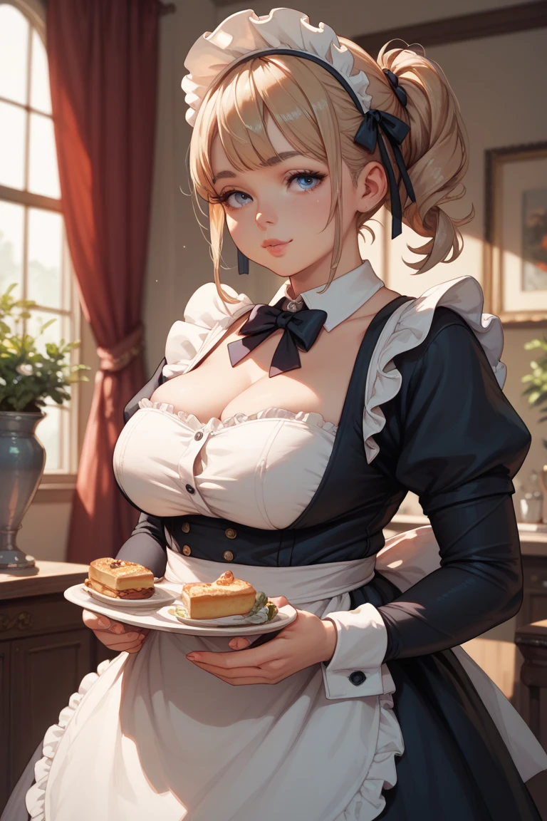 (best quality, masterpiece), (ultra high resolution, 8K RAW photo, photo realistics:1.5, textile shading, thin outline, clear focus:1.2), Beautuful Matured woman preparing tea-time in the garden, standing by the round table, (tea set, tea pot, tea cups, some cakes on dish), classy art deco style table, wearing light_brown maid uniform, breast cleavage, maid costume:1.2, long flare skirts, apron, bow ties on thechest, long tall sally, long legs, long white hair, (wearing thin-flame glasses:1.2), (milf:1.5, 28 years old, solo), (large breast, sagging breast, big tits, narrow waist), (medium short white hair, hair over one eye, (updo hair:1.2), side lock, asymmetric hair, wavy hair), (bright pupils, detailed eyes, high detailed face, Perfect face shape, eye rush), (seductitve smiling, half-closing eyes), (looking at viewers:1.3), (dynamic angle, full body, from above:1.2), ((correct anatomy:1.5, correct hands)), (ideal ratio of body proportions), (outdoor:1.2, grass field),