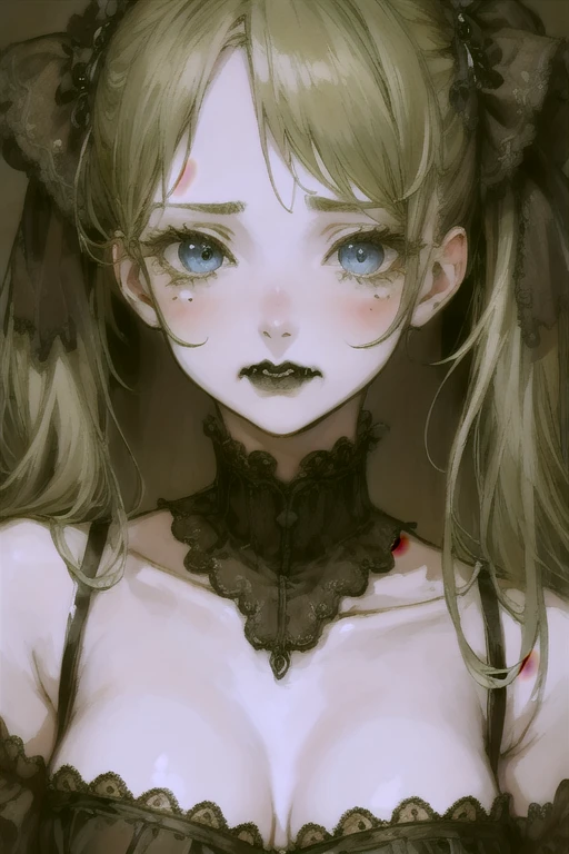 (masterpiece:1.2, Highest quality), (Actual Photos, Intricate details), (1 female, alone, Upper Body, Small breasts) ,Eyes Wide Open、Scary atmosphere、Distorted facial expressions、Twisted smile、Scratching your face、bleeding from the face,、Blood splatter、Blood splatter、whole body、Punk Fashion、Long Hair、I have very long bangs、Black Hair、(((Dark circles under the eyes)))、Pale skin、Feeling unwell、Pathological、Wicked Smile、Crazy Eyes、(Grin)Dramatic makeup,Create mixed media art、White Background