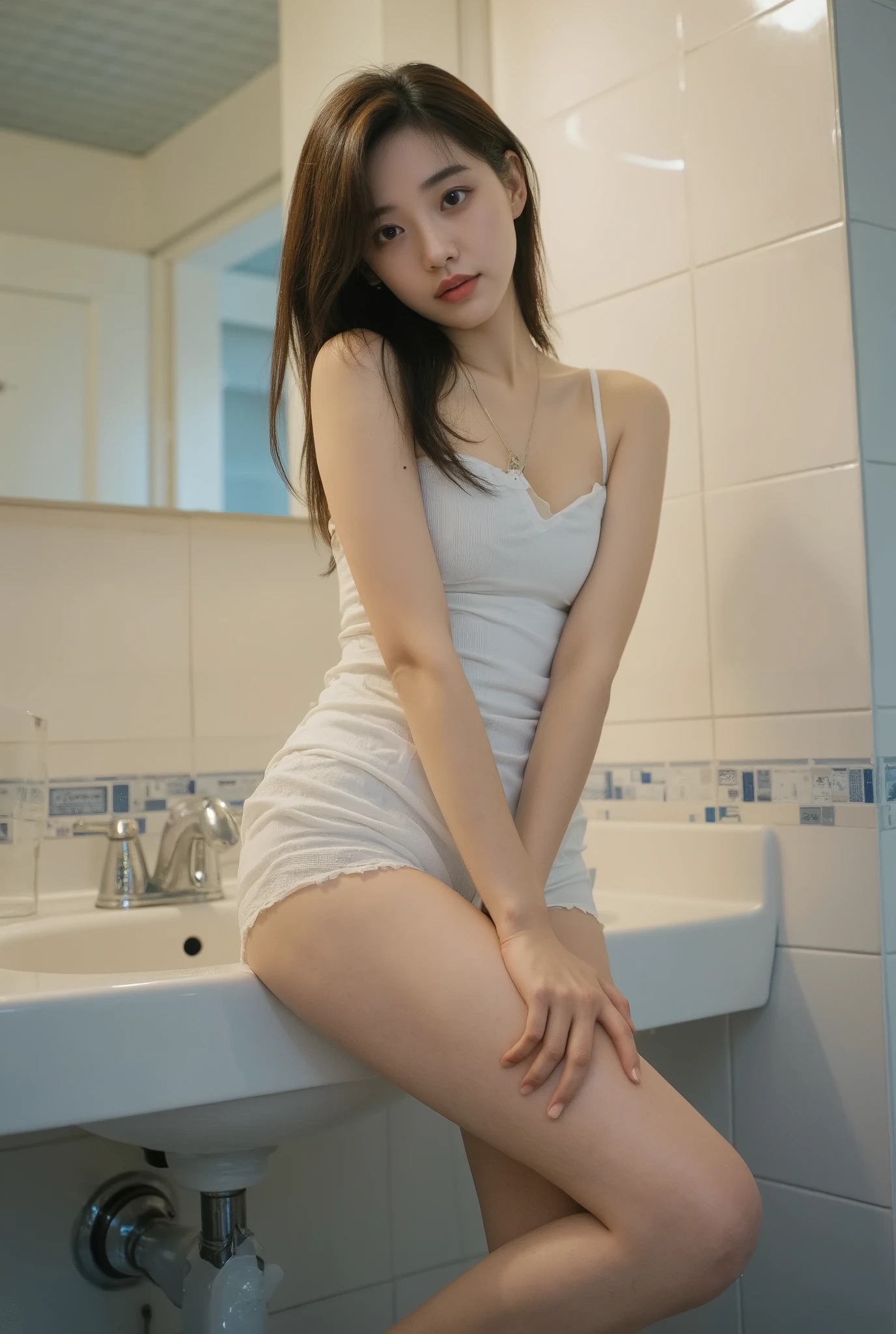 25 year old Asian female, moist skin, She wears a wet white tank top,Fits tightly to the body, Reveals Cleavage, She pulls her panties up, Sexy pose next to the bathroom sink, , she looked at the audience, Beautiful Thighs , facial details, Clear Focus, Detail of 4K masterpiece, The light hits her skin and makes her stand out (natural light). full body photo, intricate details, photography,Life photos, TV series stills , skin texture with real visible pores , Handheld medium and long distance shots ,Model photo shoot, slight noise , rich dark details , movie color restoration , , She wears a simple but slightly messy outfit 。 The photo has a faint halo and natural film grain typical of CCD sensors, less saturated ,塑造出近似 1990s photography风格, no artificial retouching , with light reflections on the wooden floor , like a slight glow on the skin 、 Blue tint under eyes 、 natural wrinkles 。 Show real 、 unmodified emotional expression 8k写真,White Tone , photography,Life photos, TV series stills , skin texture with real visible pores , Handheld medium and long distance shots ,Model photo shoot, slight noise , rich dark details , movie color restoration , , She wears a simple but slightly messy outfit 。 The photo has a faint halo and natural film grain typical of CCD sensors, less saturated ,塑造出近似 1990s photography风格, no artificial retouching , with light reflections on the wooden floor , like a slight glow on the skin 、 Blue tint under eyes 、 natural wrinkles 。 Show real 、 unmodified emotional expression