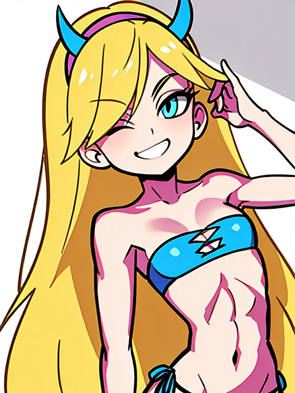 Monochrome, dark red background, a girl, blue school bikini, sexy blue bikini, exposed skin, blush, cap, chewing gum, bold smile, squat, bow, winner's gesture, marked, blue eyes (from the front: 1.3),