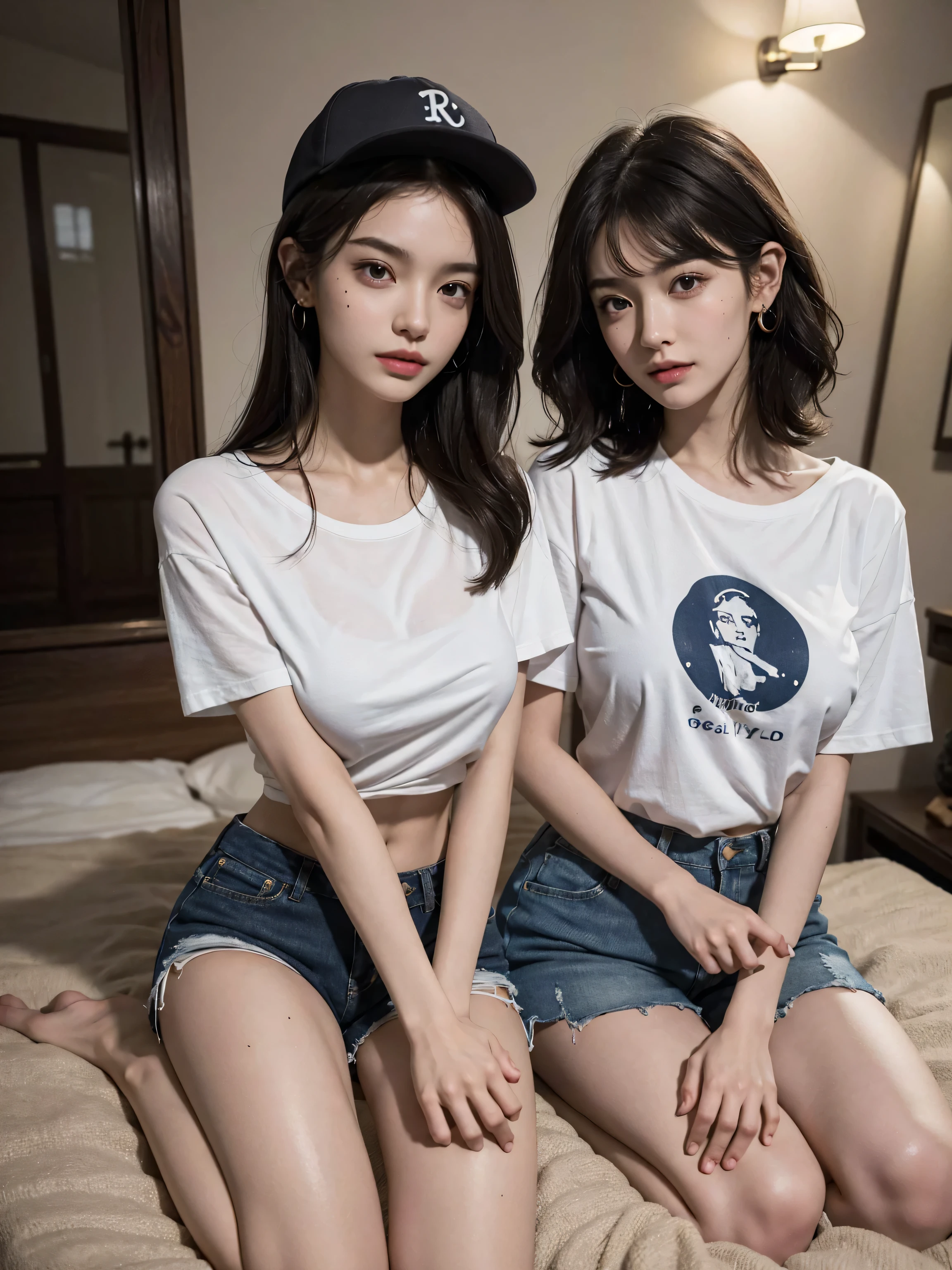 absurdres, RAW photo, extremely delicate and beautiful, masterpiece, Best Quality, ultra high resolution, 32k, hyperrealistic, ultra-detailed, delicate facial features, beautiful detailed woman, tearful mole, earring, medium breasts, full body shot, medium hair, black hair, cap, T-shirt, baggy shorts, 2 girls,