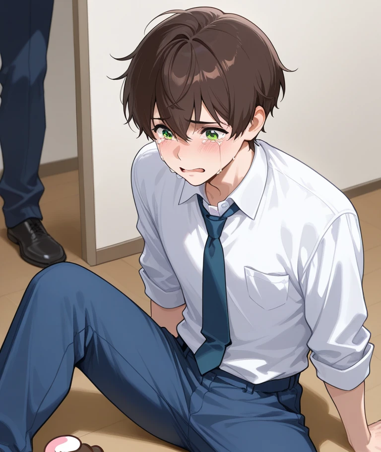 score_9, score_8_wonderful, score_7_wonderful, sauce_anime,Fugou keiji,Kato,Male Focus,1 male,No pants,Red tie,Auction,Long sleeve white shirt,On all fours,Place your hands on the floor,penis,Leash color,View your audience,Squat,Brown Hair,,humiliation,Obedience
